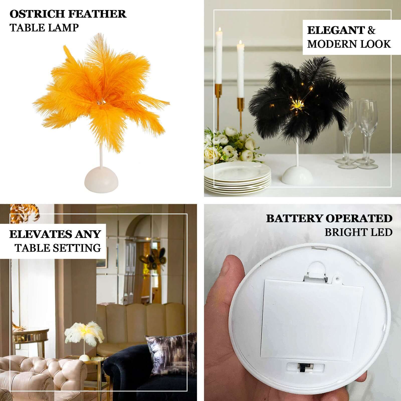 Hot Deal! White LED Cordless Table Lamp with Ostrich Feather Design for Wedding Centerpiece