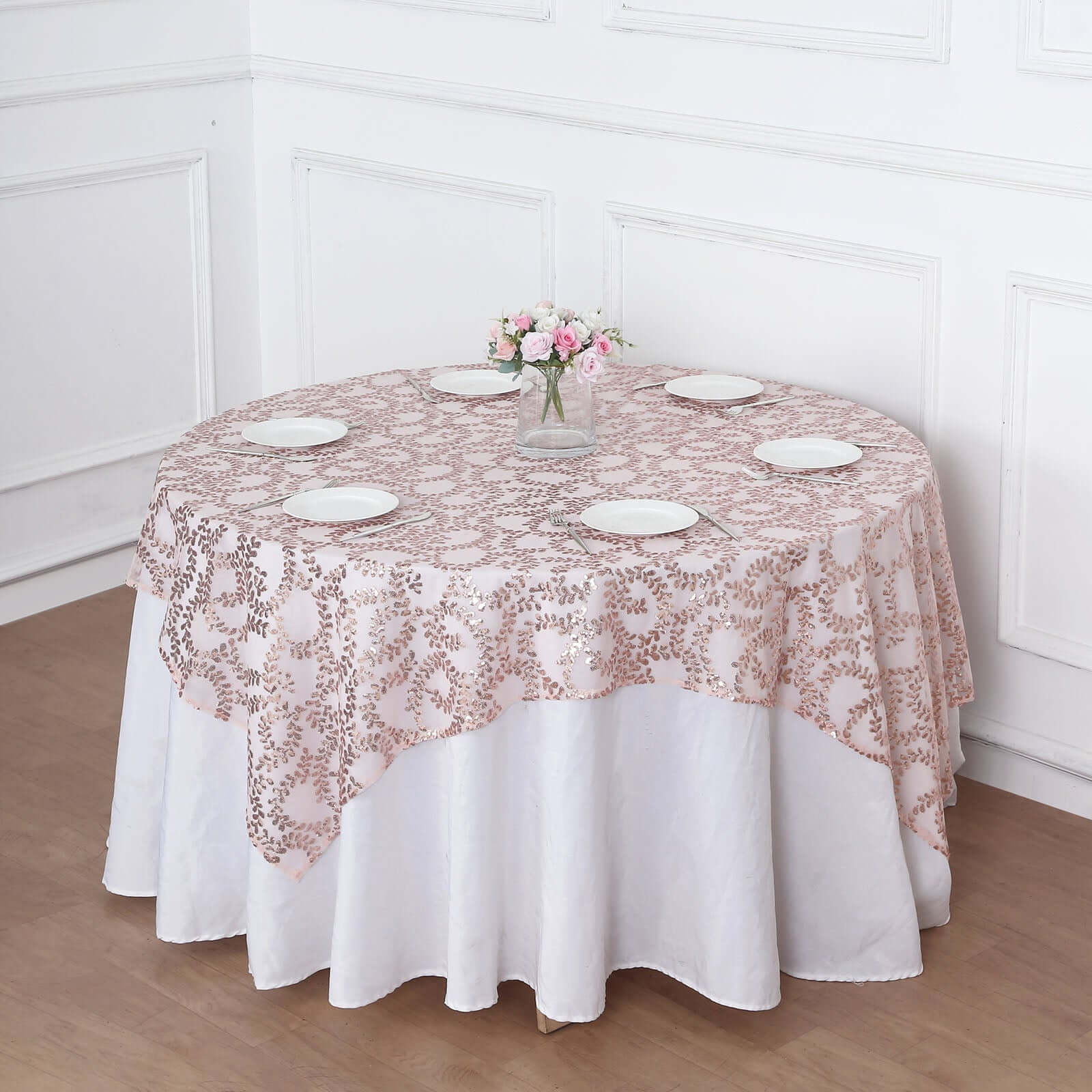 Hot Deal! Rose Gold Sequin Leaf Embroidered 72x72 Tulle Square Table Overlay