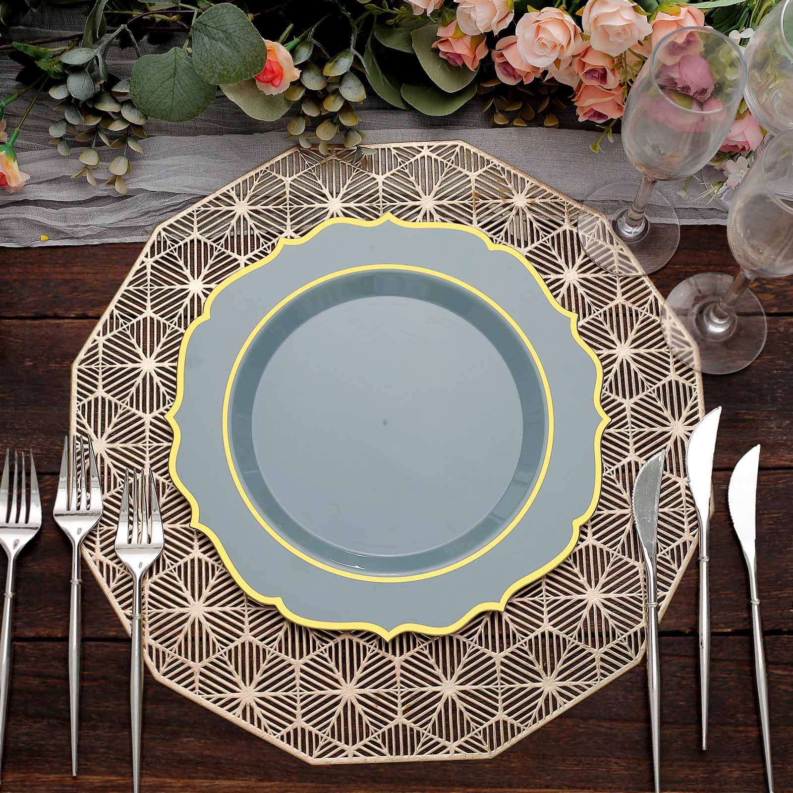 Get 10-Pack of Disposable Dusty Blue Plastic Round Dinner Plates with Gold Scalloped Rims for Party
