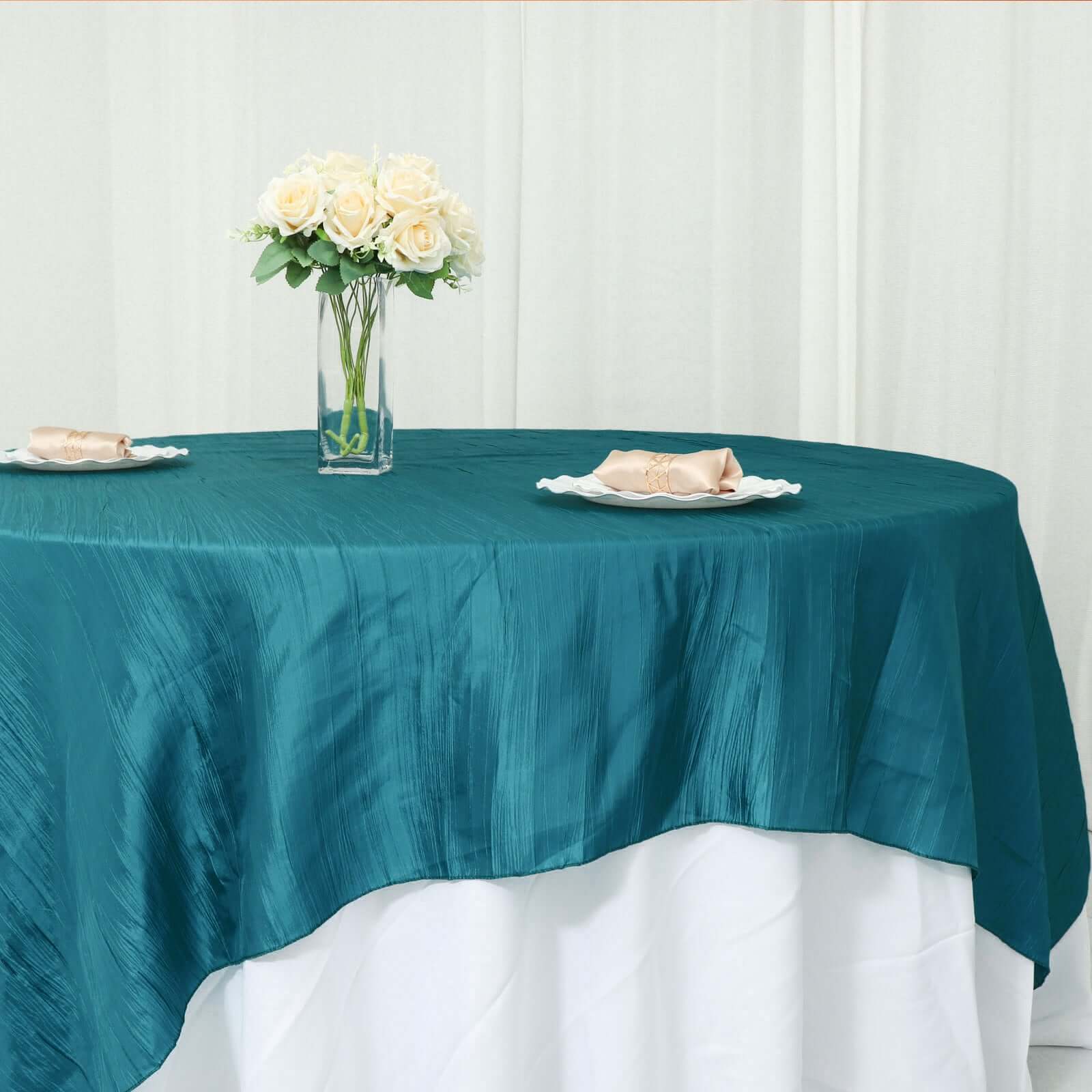 Exclusive Peacock Teal 90x90 Crinkle Taffeta Square Table Overlay