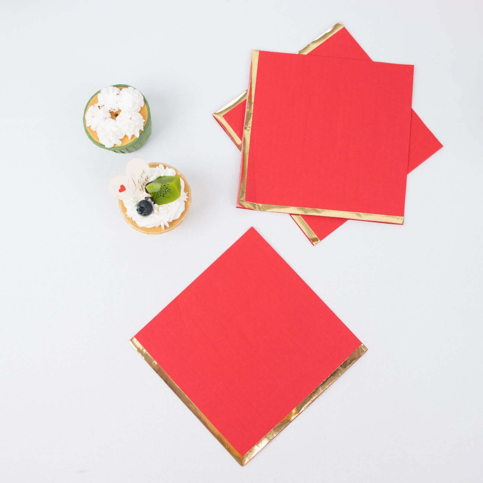 Hot! 50-Pack Red Disposable 2-Ply Cocktail Napkins with Gold Foil Edge, 6.5x6.5