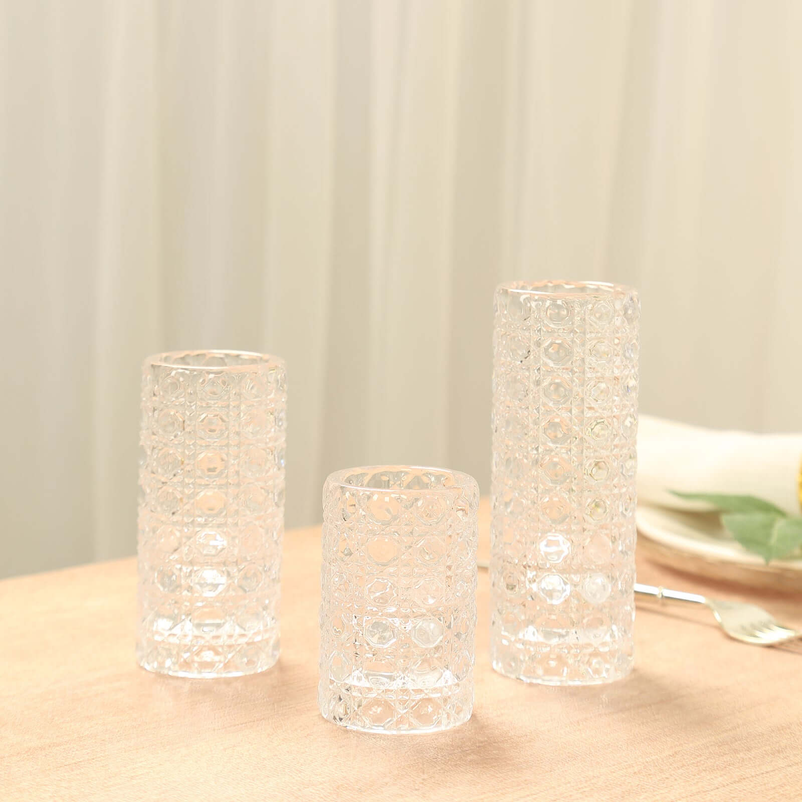 Hot Deal! Set of 3 Clear Glass Taper & Tealight Candle Holders with Gemstone Pattern