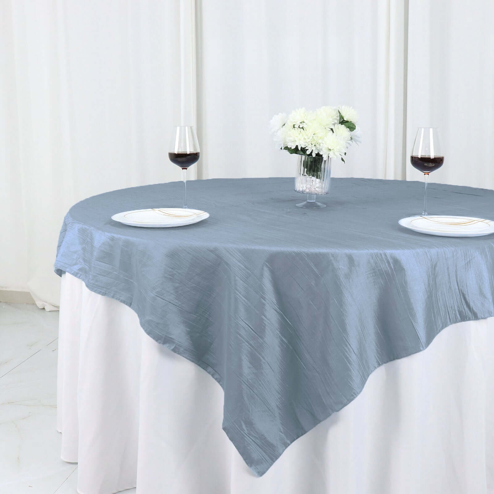 Special Offer! Dusty Blue Accordion Crinkle Taffeta Square Table Overlay 72x72