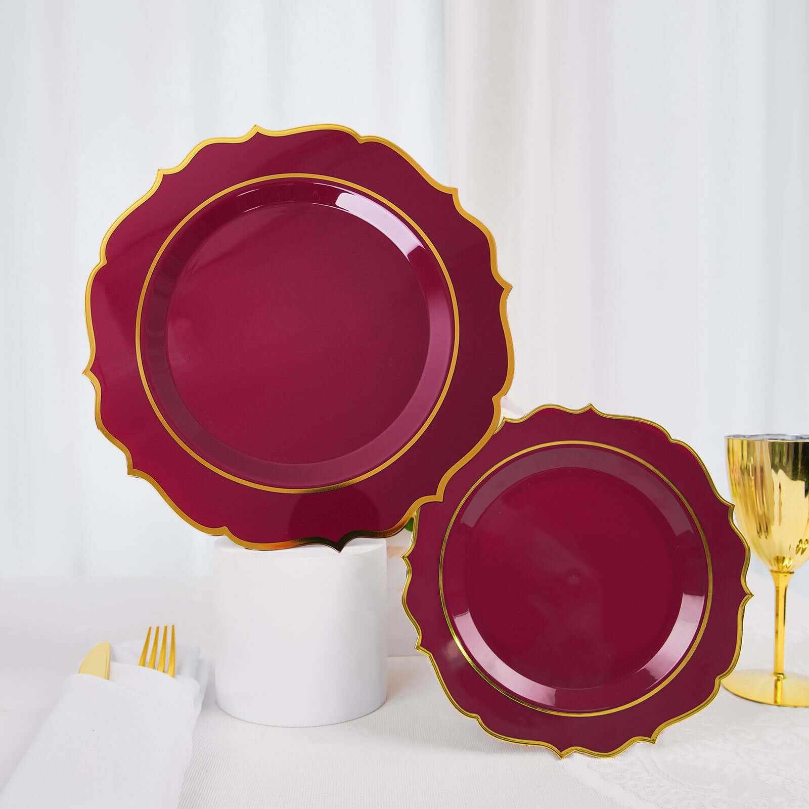 10-Piece Set of Disposable Burgundy Plastic Round Desert Plates with Gold Scalloped Rim, 8-Inch