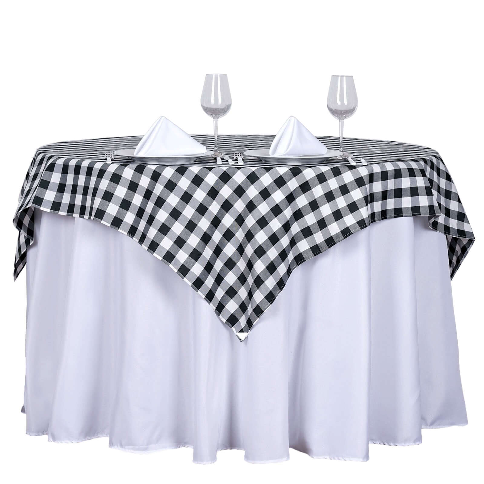 Hot! 54x54 Polyester Square Table Overlay in White/Black Checkered Buffalo Plaid for Casual Tables