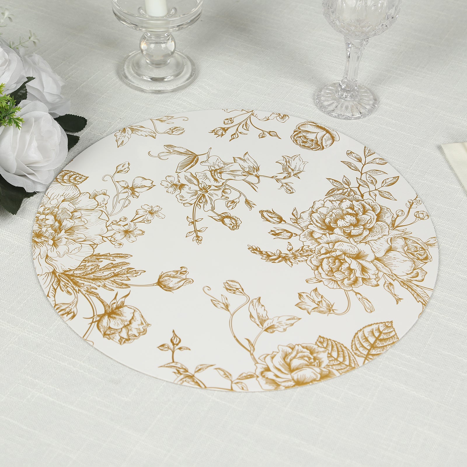 6-Piece Disposable White/Gold French Toile Print Cardboard Placemats, 13-Inch