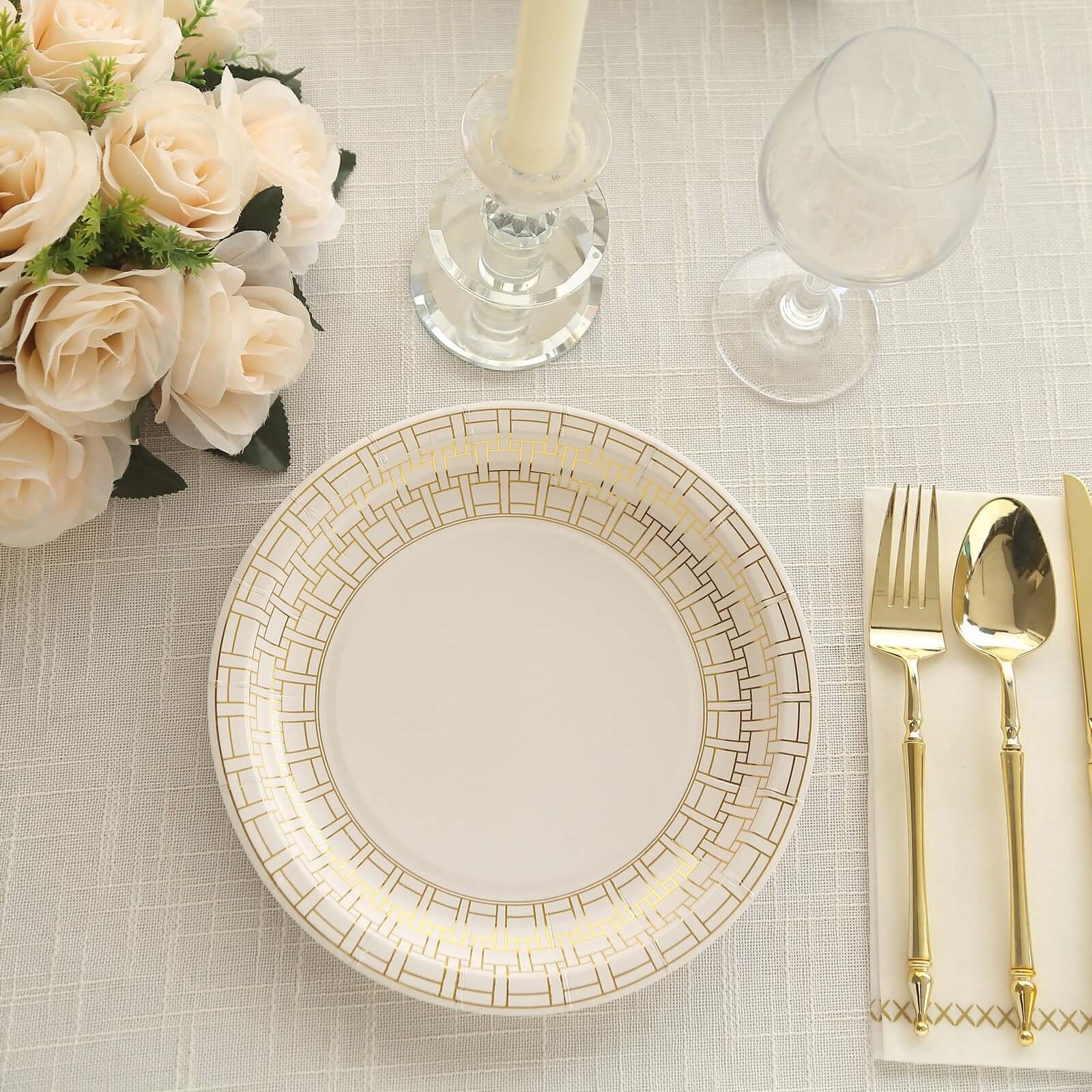 Get 25-Pack of Disposable 9-Inch White Paper Dinner Plates with Gold Basketweave Rim for Elegant Parties
