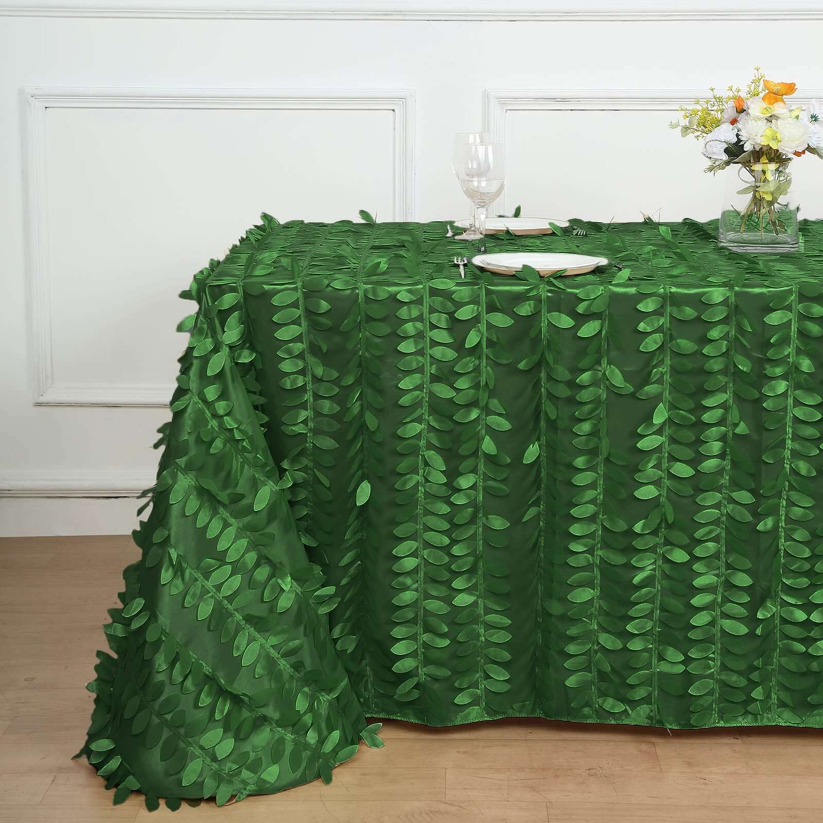 Exclusive Green Taffeta Rectangle Tablecloth with 3D Leaf Petal Design