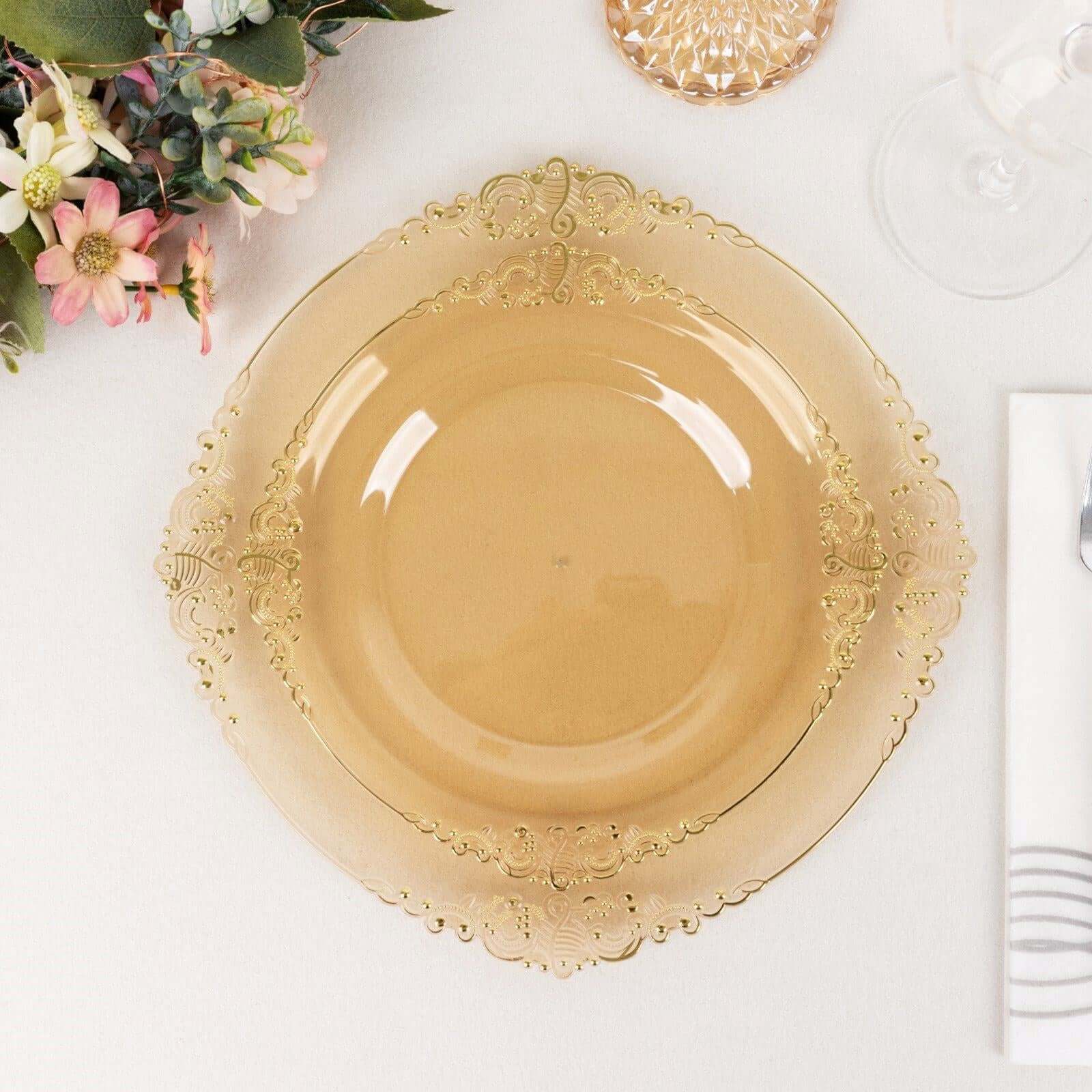 10-Pack Disposable Vintage Baroque Style 8-Inch Round Plastic Dessert Plates in Transparent Amber Gold with Gold Leaf Rim