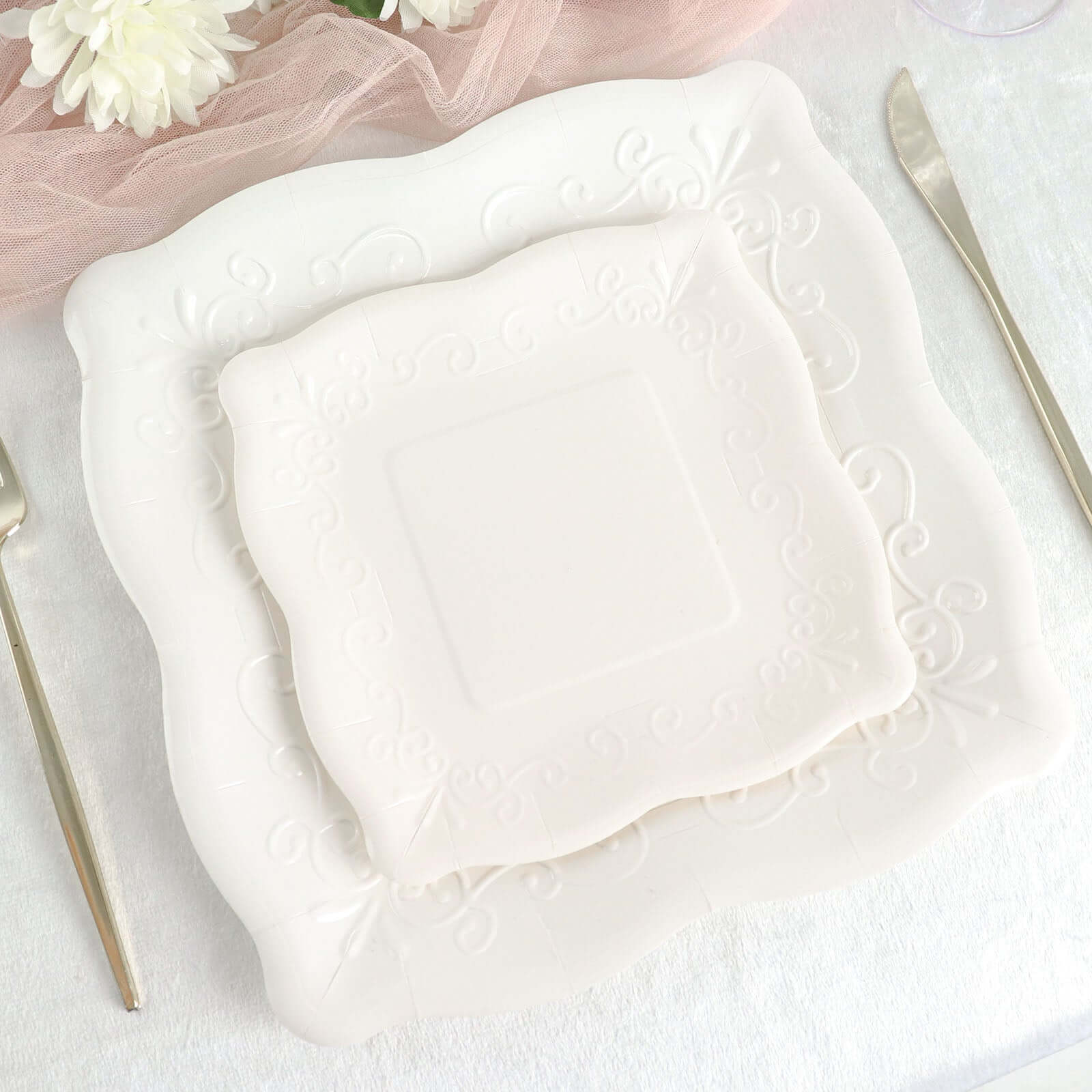 25-Pack White 7-Inch Square Disposable Dessert Plates with Vintage Pottery Embossed Design - Ideal for Special Events
