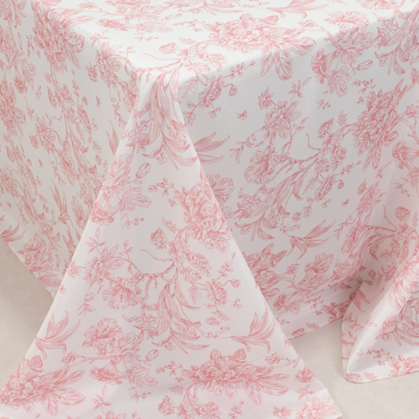 Exclusive Seamless Polyester Rectangle Tablecloth with Pink French Toile Pattern for Formal Celebrations - White