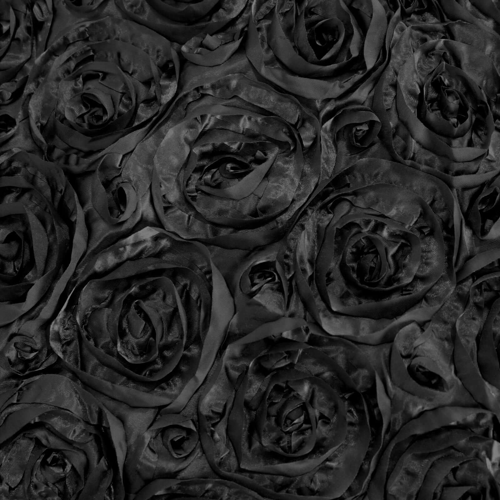 Black Satin Rectangle Tablecloth (90x132) with Stunning 3D Rosette Design for Elegant Gatherings