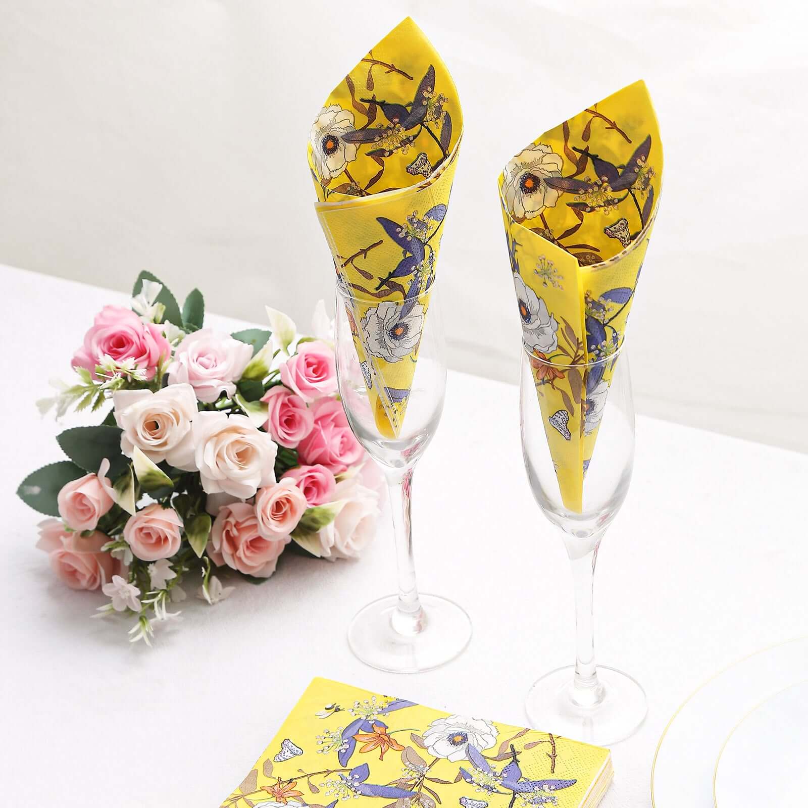 20-Pack Yellow Floral 2-Ply Soft 18GSM Paper Beverage Napkins for Weddings and Parties
