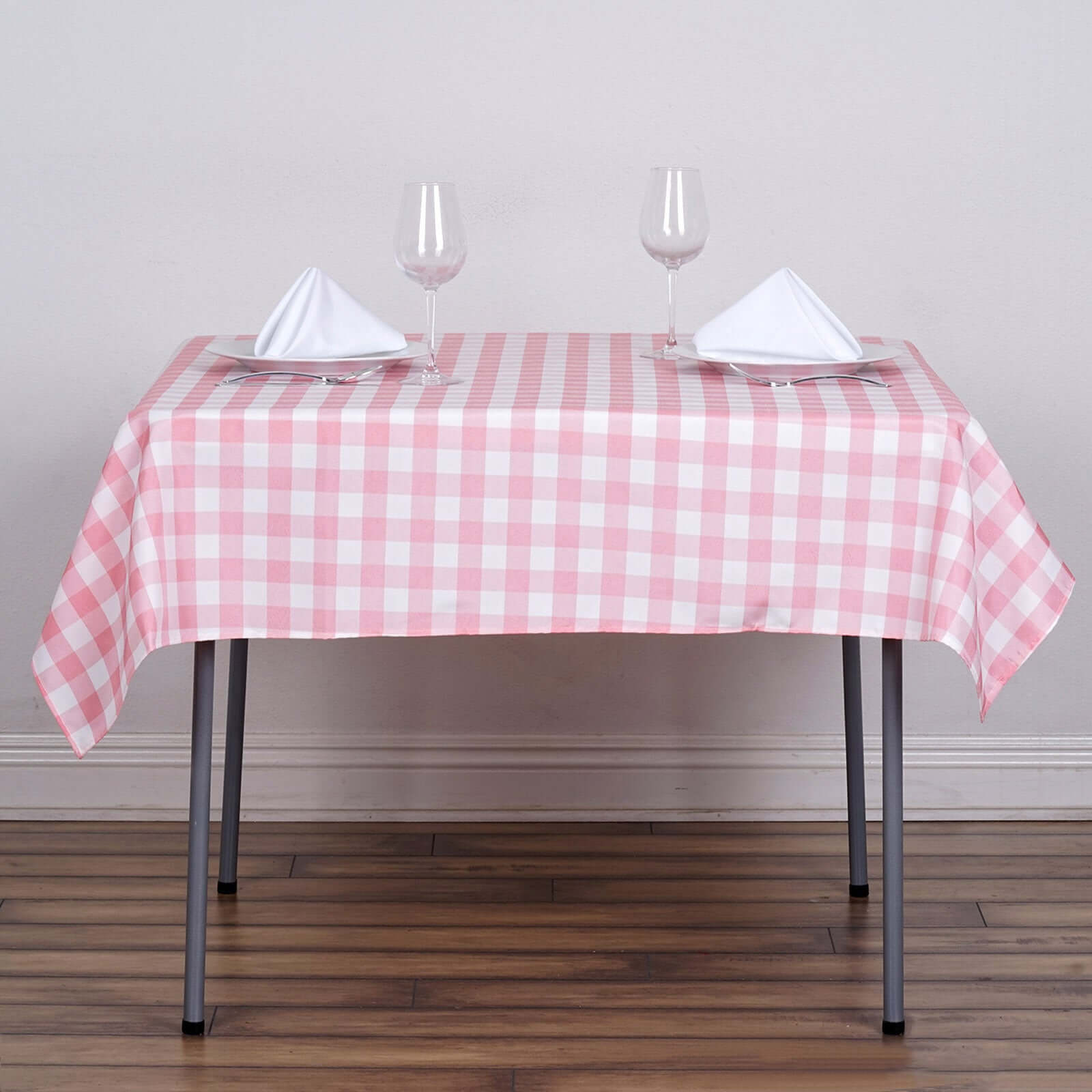 Hot! White/Rose Quartz Polyester 54x54 Checkered Buffalo Plaid Square Table Overlay for Casual Tables