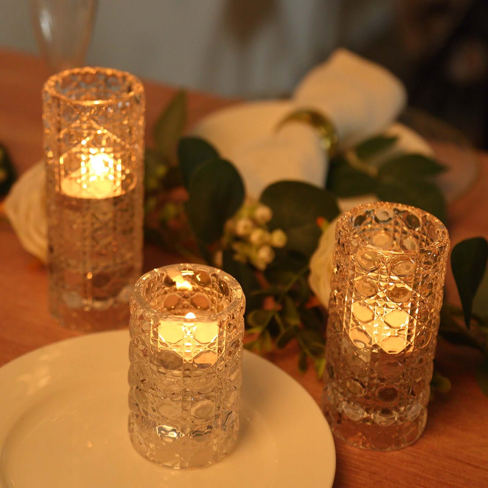 Hot Deal! Set of 3 Clear Glass Taper & Tealight Candle Holders with Gemstone Pattern