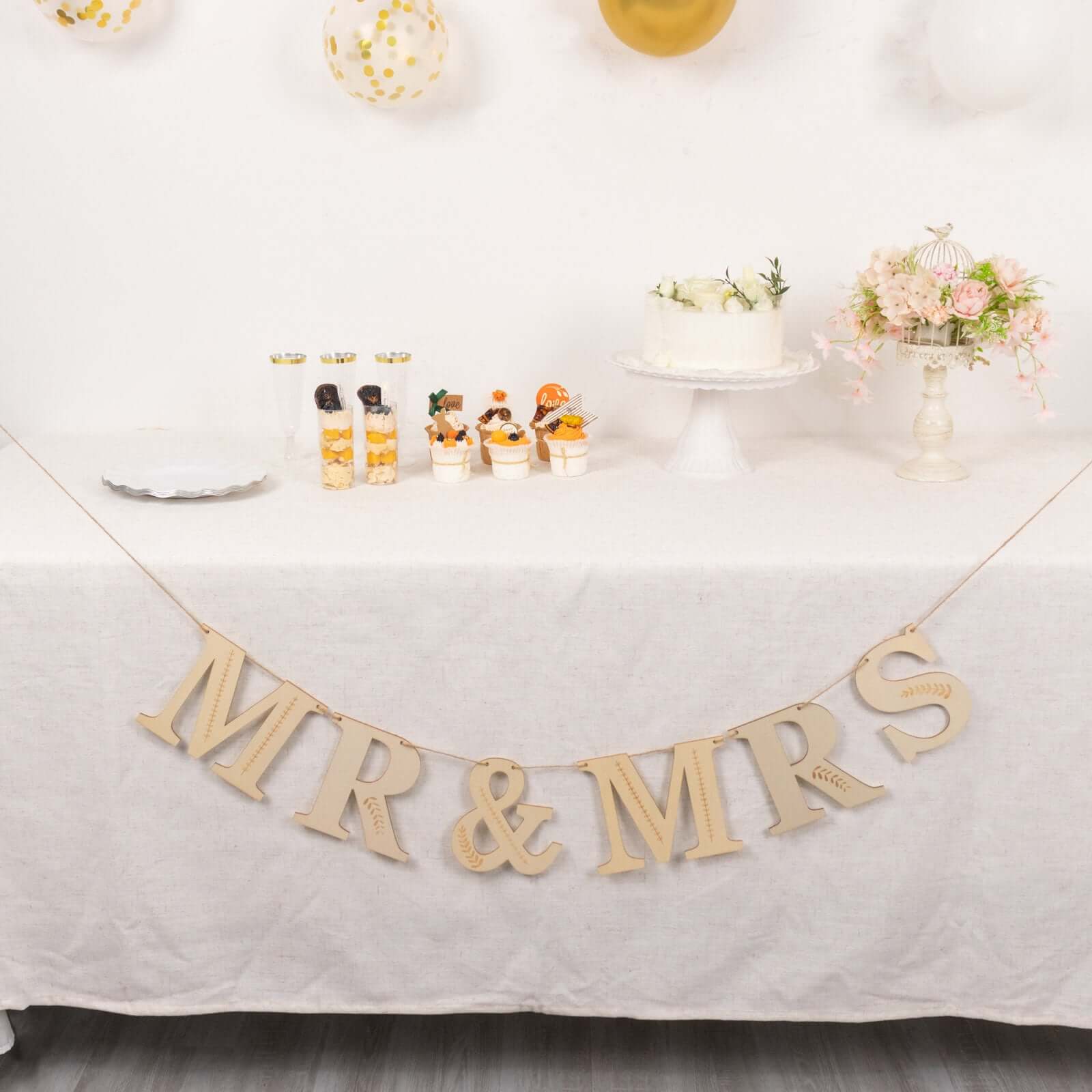 10ft Handmade Natural Pre - Strung Mr & Mrs Wooden Letter Banner with Rustic Botanical Design for Anniversaries
