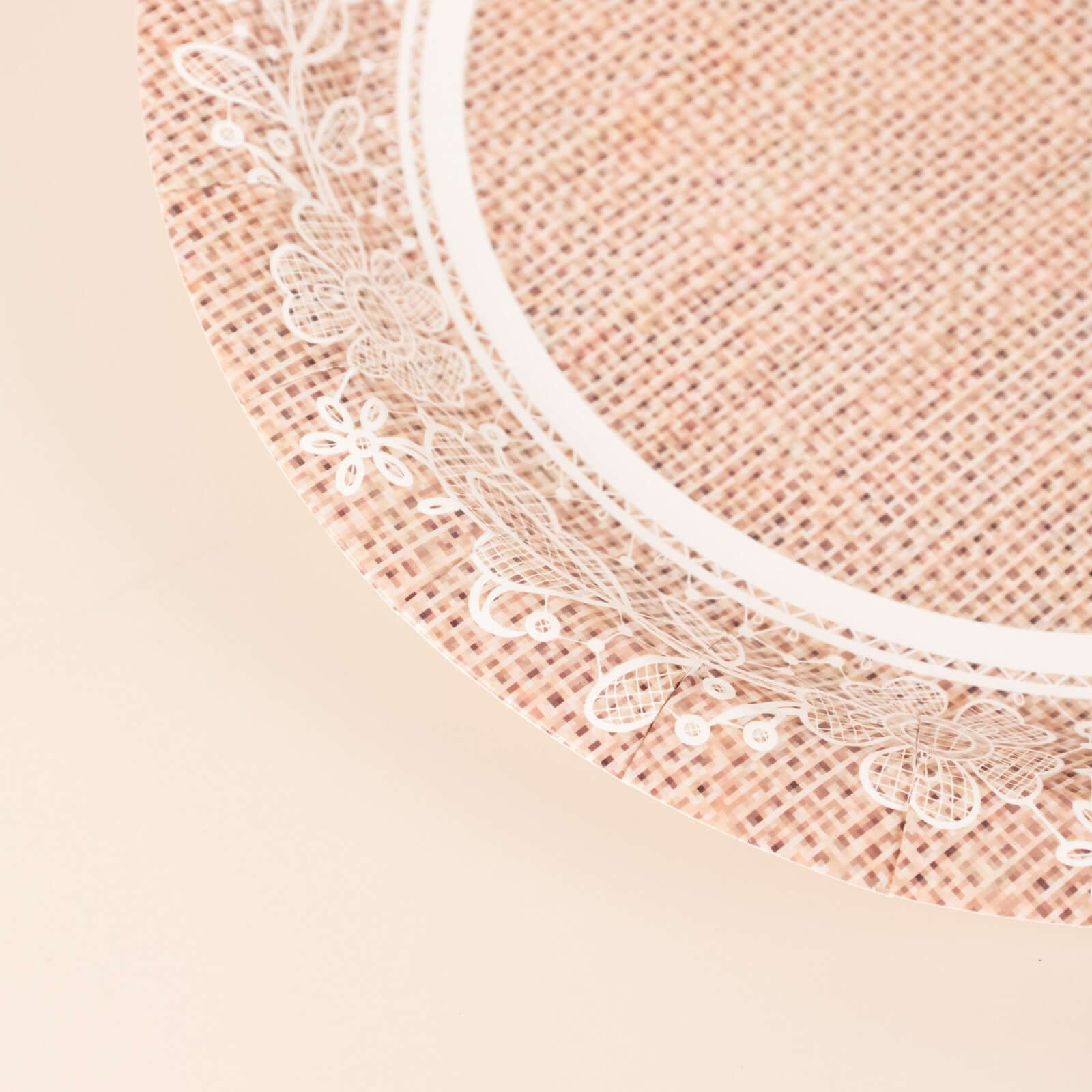 25-Pack 9-Inch Round Disposable Paper Dinner Plates with Natural Burlap & White Floral Lace Design
