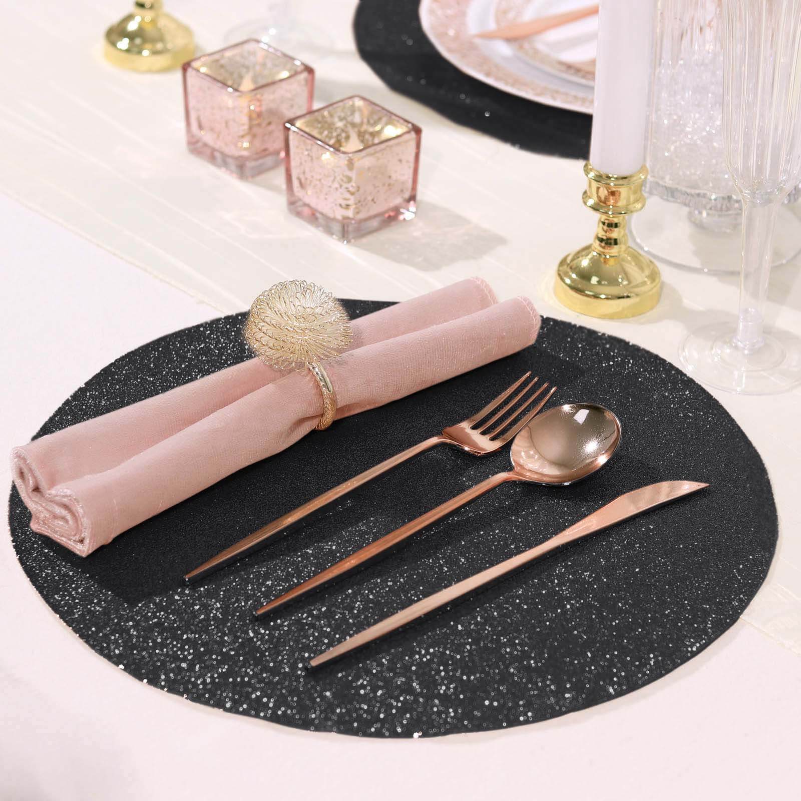 6-Piece Set of Non-Slip Black Glitter Round Placemats, 13 Inches