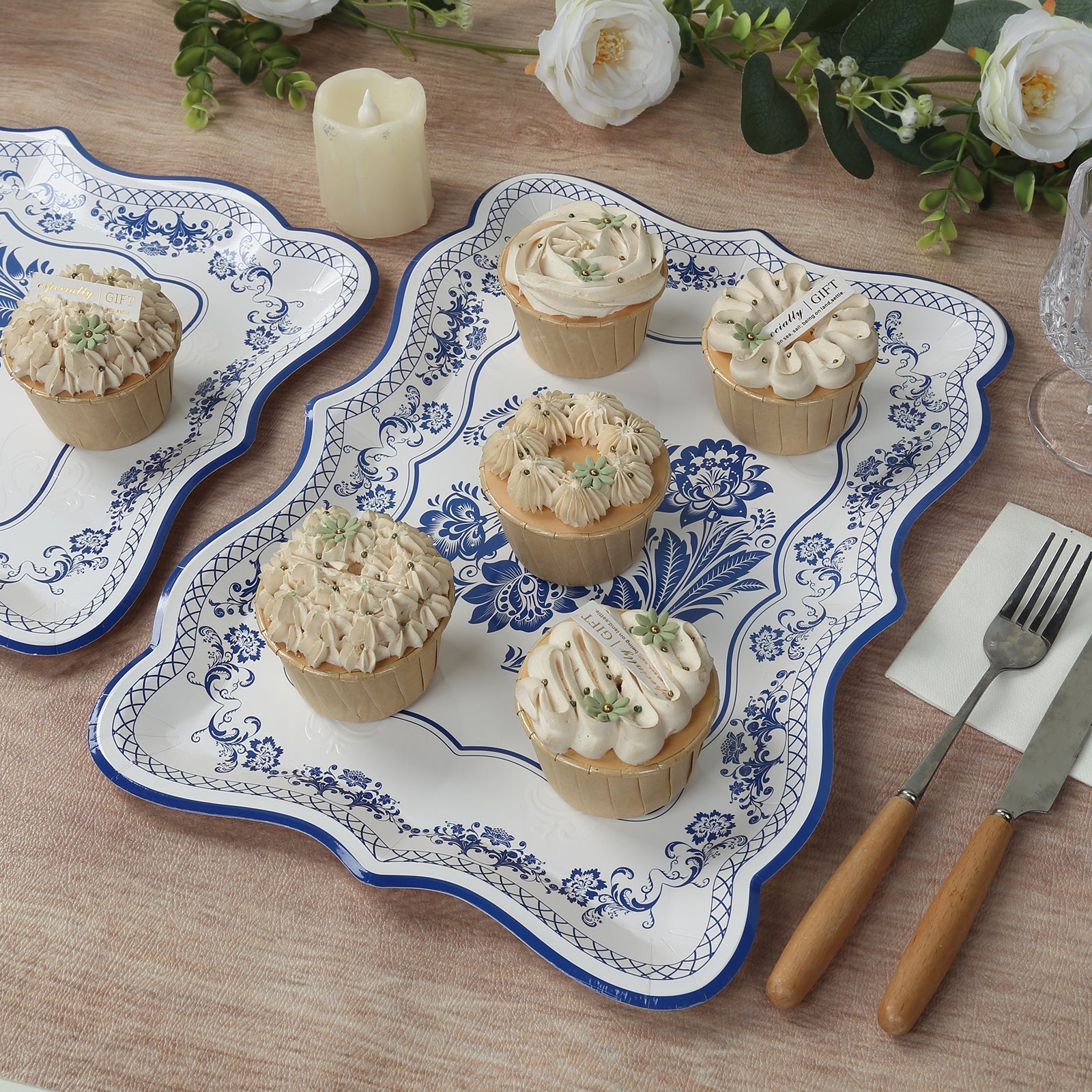 10-Pack Heavy Duty Disposable 400GSM Cardboard Serving Trays with White & Royal Blue Damask Floral Pattern for Weddings & Parties