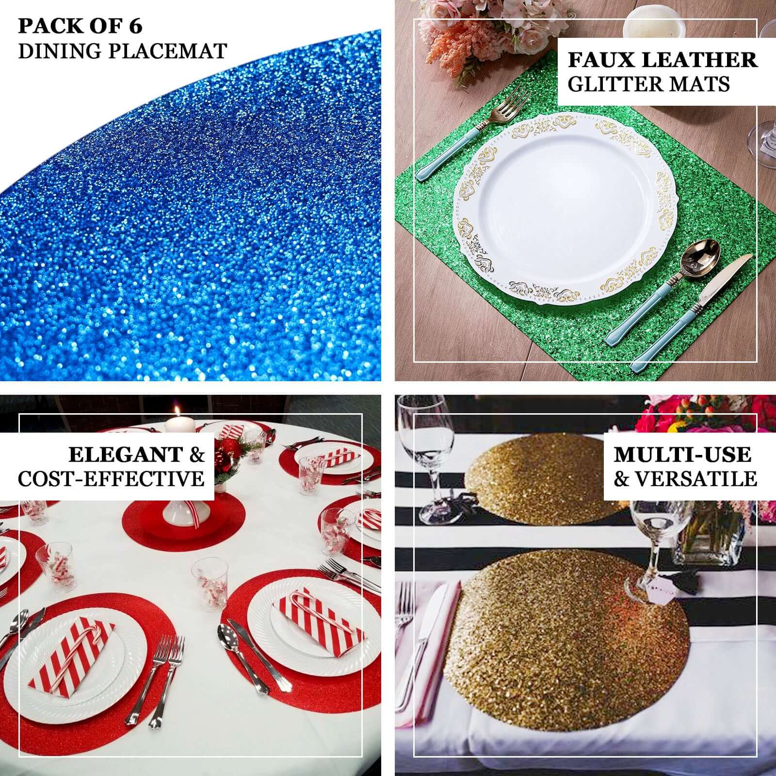Hot Sale! 6-Piece Set of Champagne-Colored Glittery Oval Non-Slip Vinyl Placemats for Table Decor
