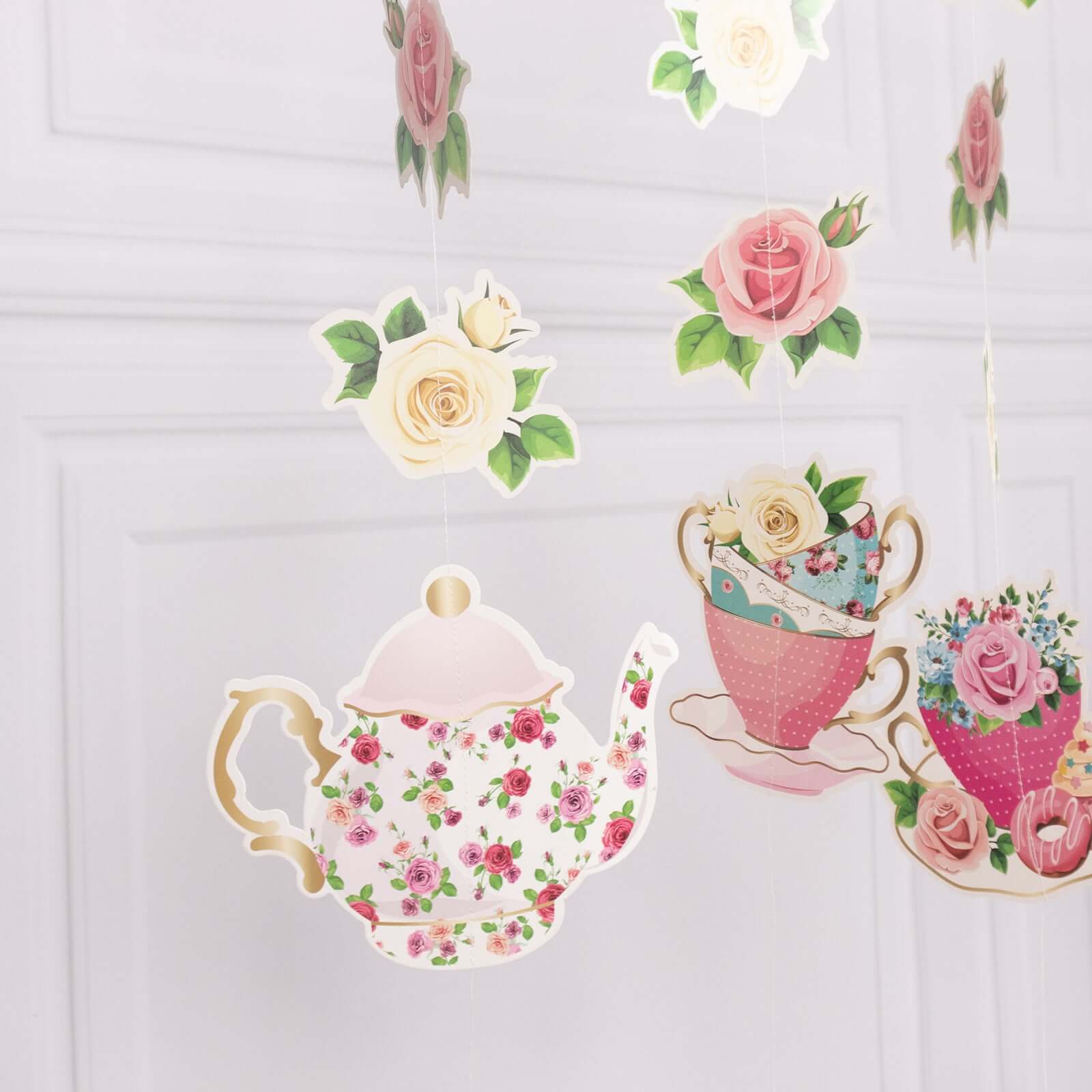 8-Pack Double-Sided Floral Tea Party Paper Garland Set: 40 Pre-Assembled Mixed Teapot Decorations