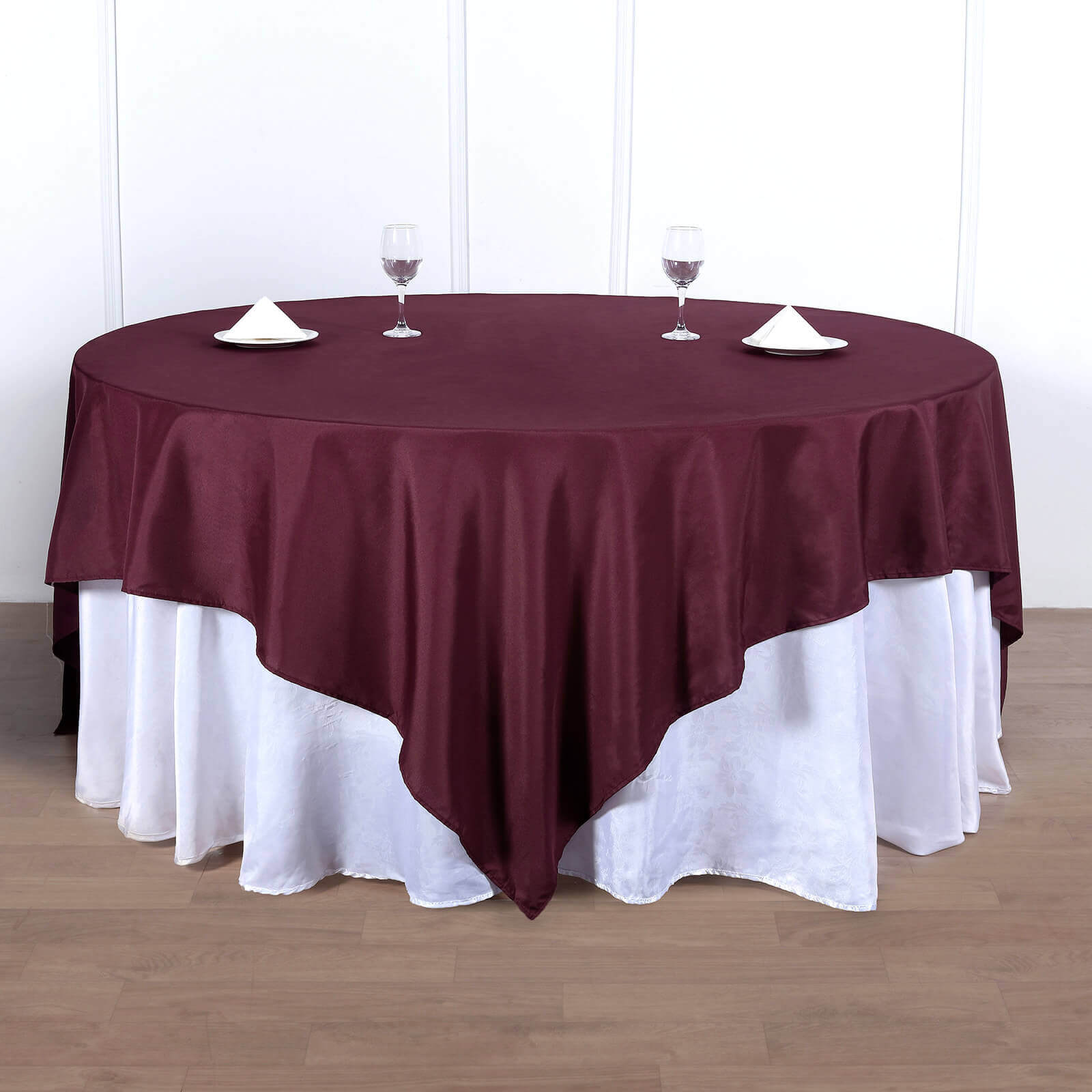 Wrinkle-Resistant & Durable Burgundy 90x90 Polyester Square Table Overlay - Ideal for Events