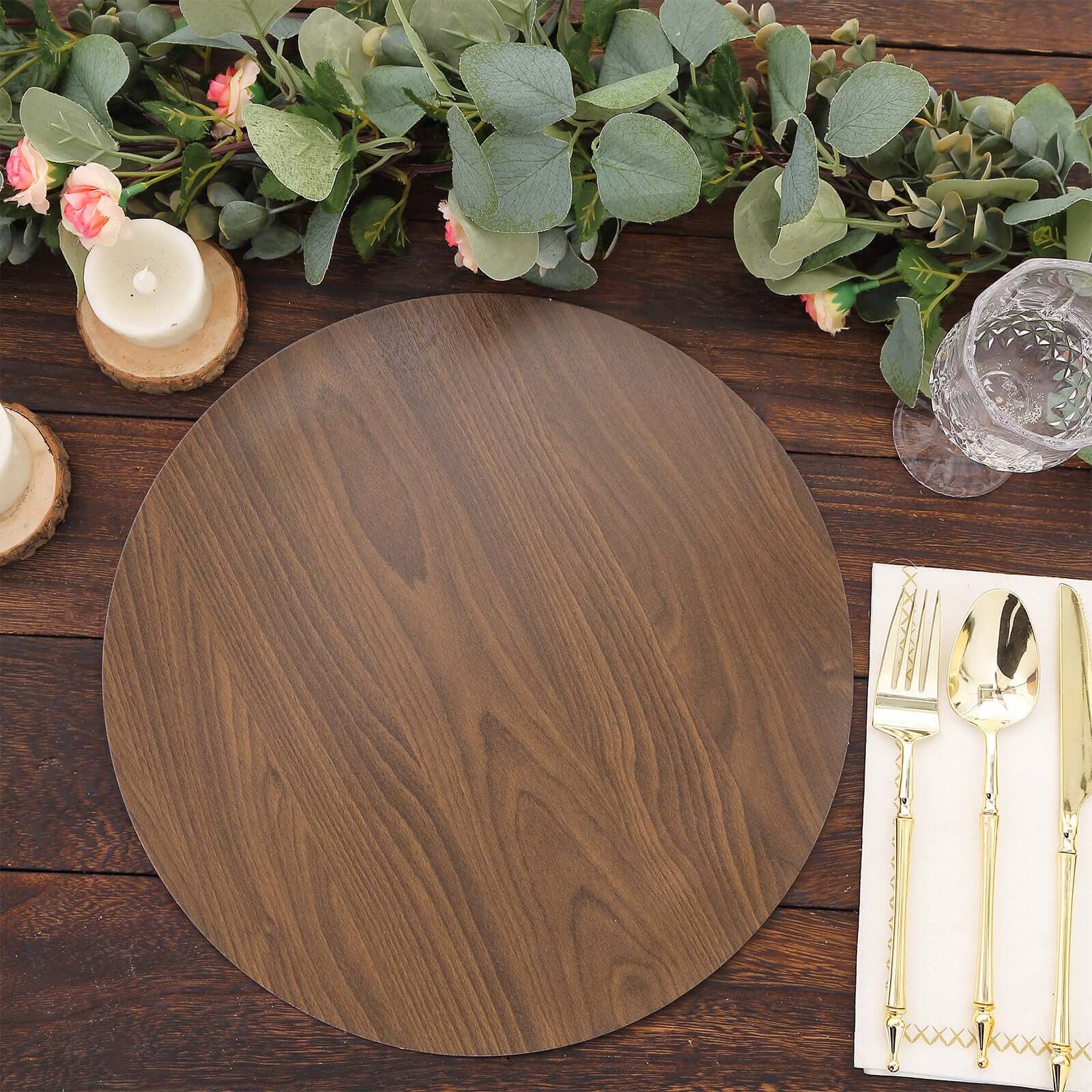 6-Piece Disposable Brown Cardboard Table Placemats with Rustic Walnut Wood Design, 13 Inches