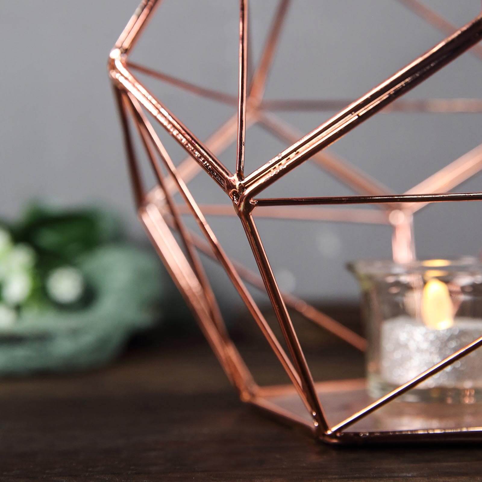 Stunning Rose Gold Metal Pentagon Prism Geometric Tealight Candle Holder - Ideal for Decor