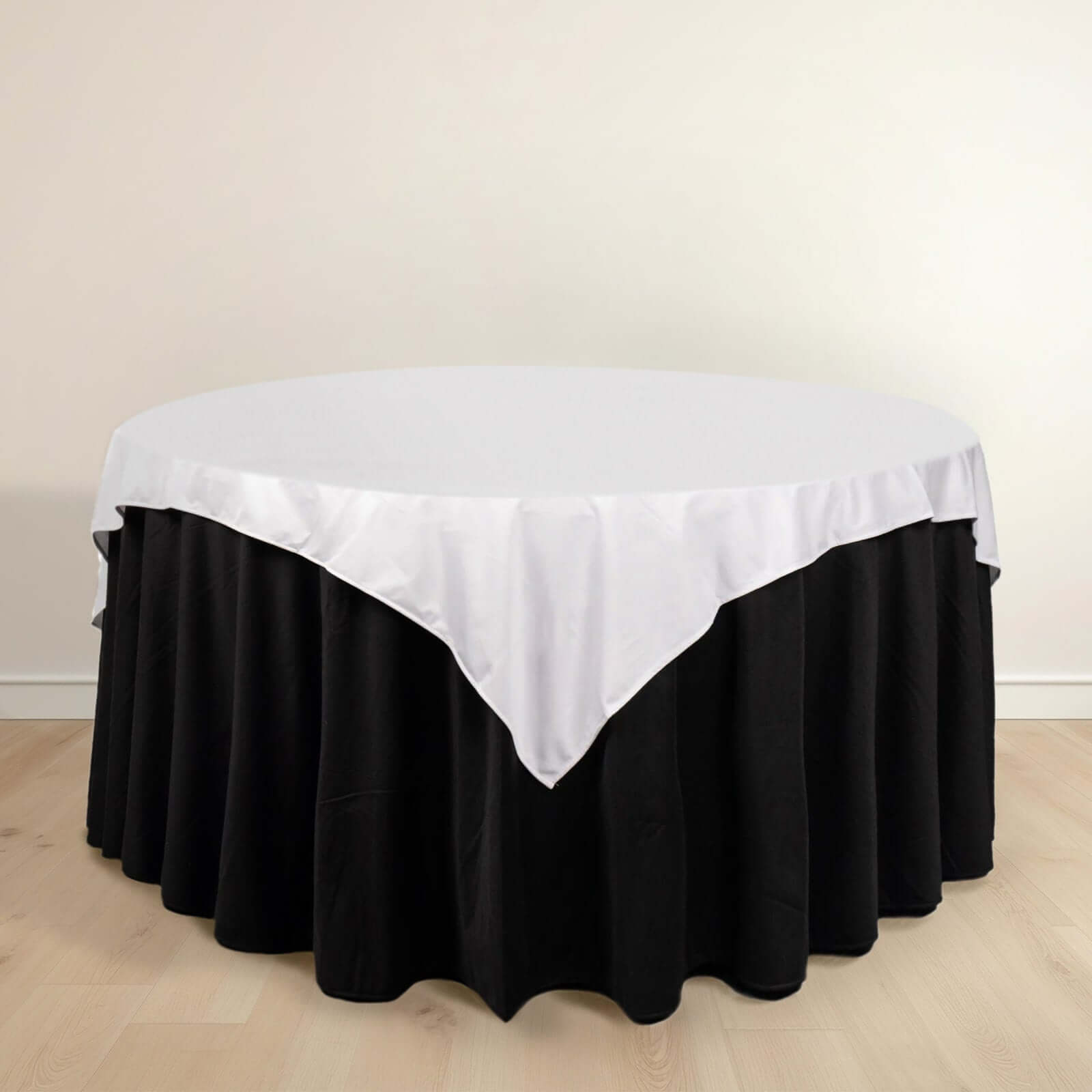 White Wrinkle-Free & Stain-Resistant 70x70 Scuba Polyester Square Table Overlay for Weddings and Banquets