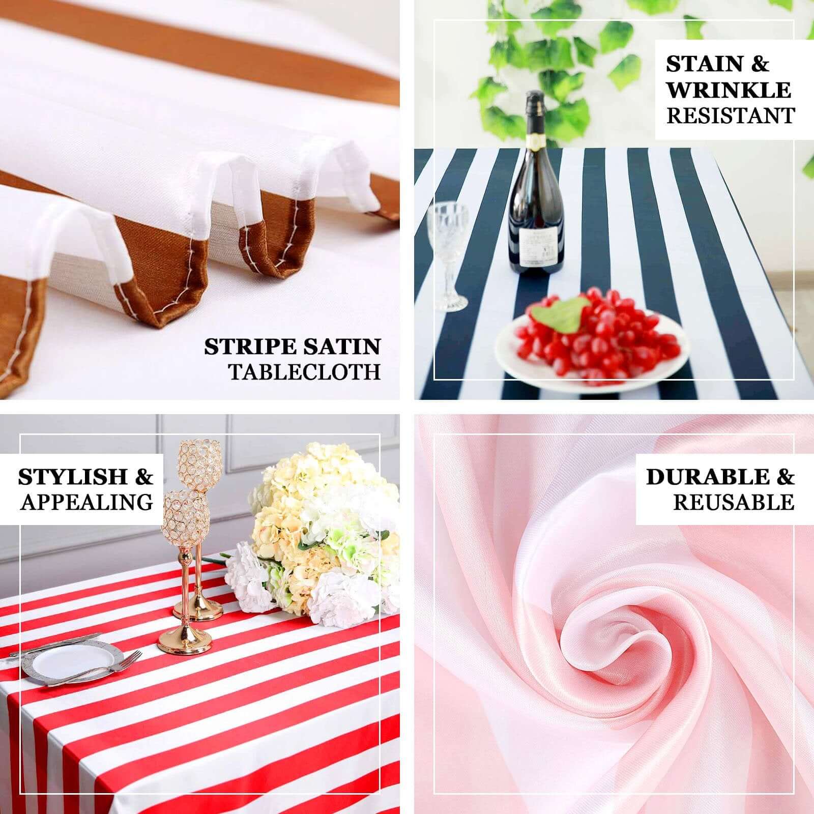 Black/White Stripe Satin Rectangle Tablecloth (90x132) - Ideal for Modern Celebrations