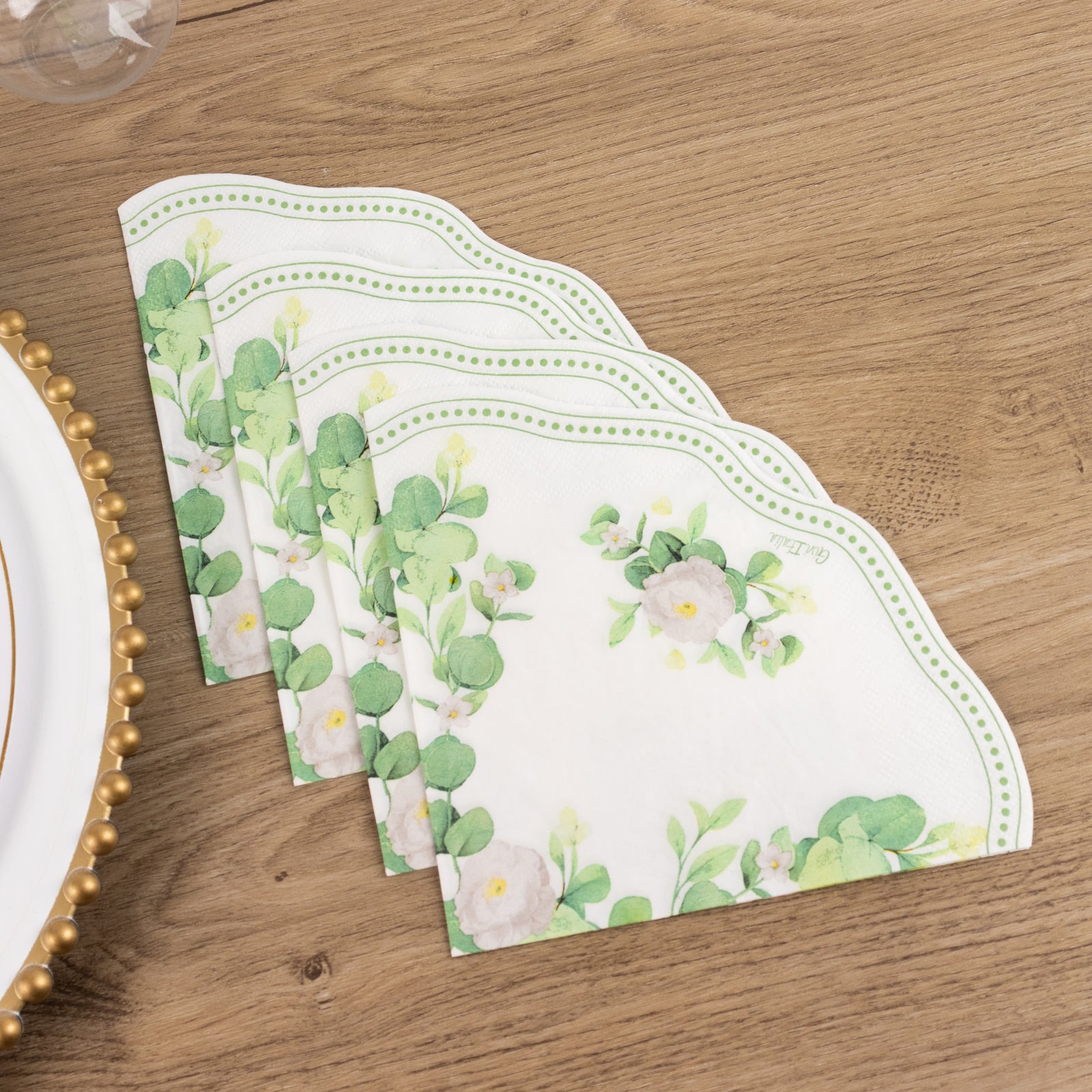 Hot! 25-Pack Disposable 2-Ply Round White Paper Cocktail Napkins with Floral Greenery & Scalloped Edge
