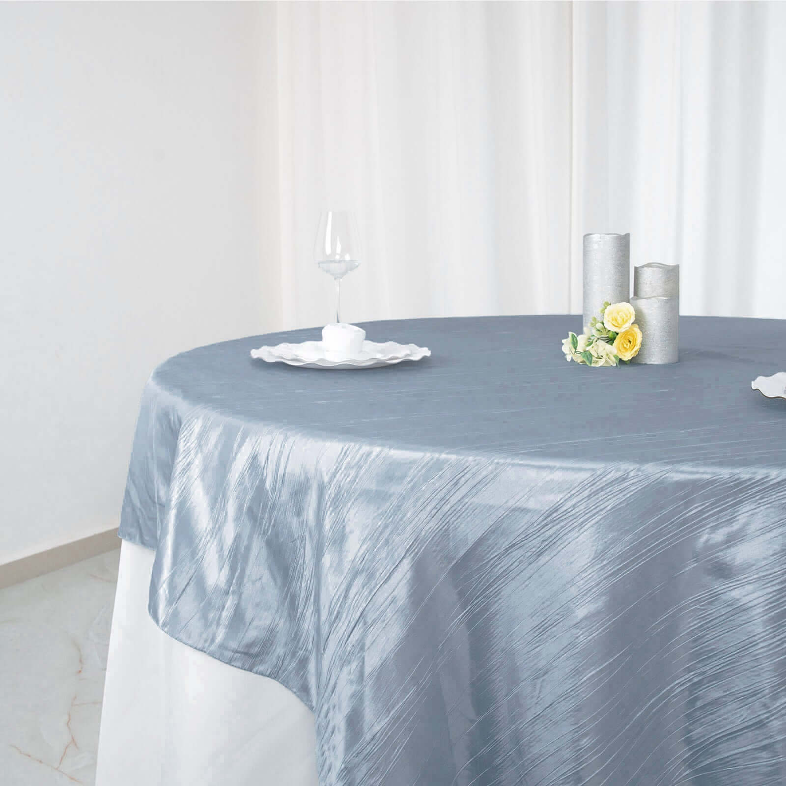 Dusty Blue Accordion Crinkle 90x90 Square Taffeta Table Overlay
