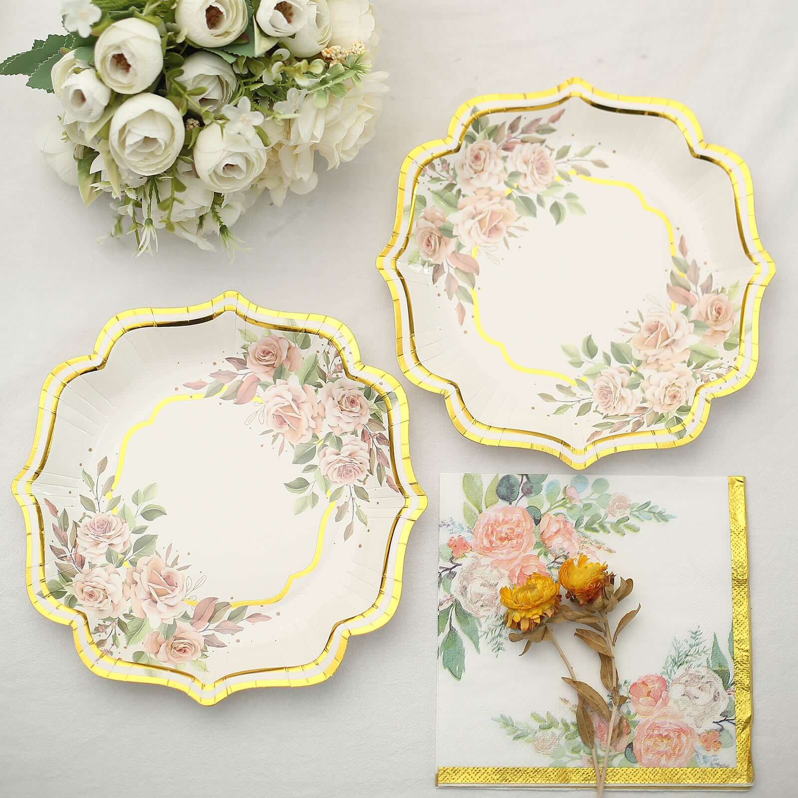 20-Pack 18GSM 2-Ply Wedding Paper Cocktail Napkins with Pink Peony Floral & Gold Trim