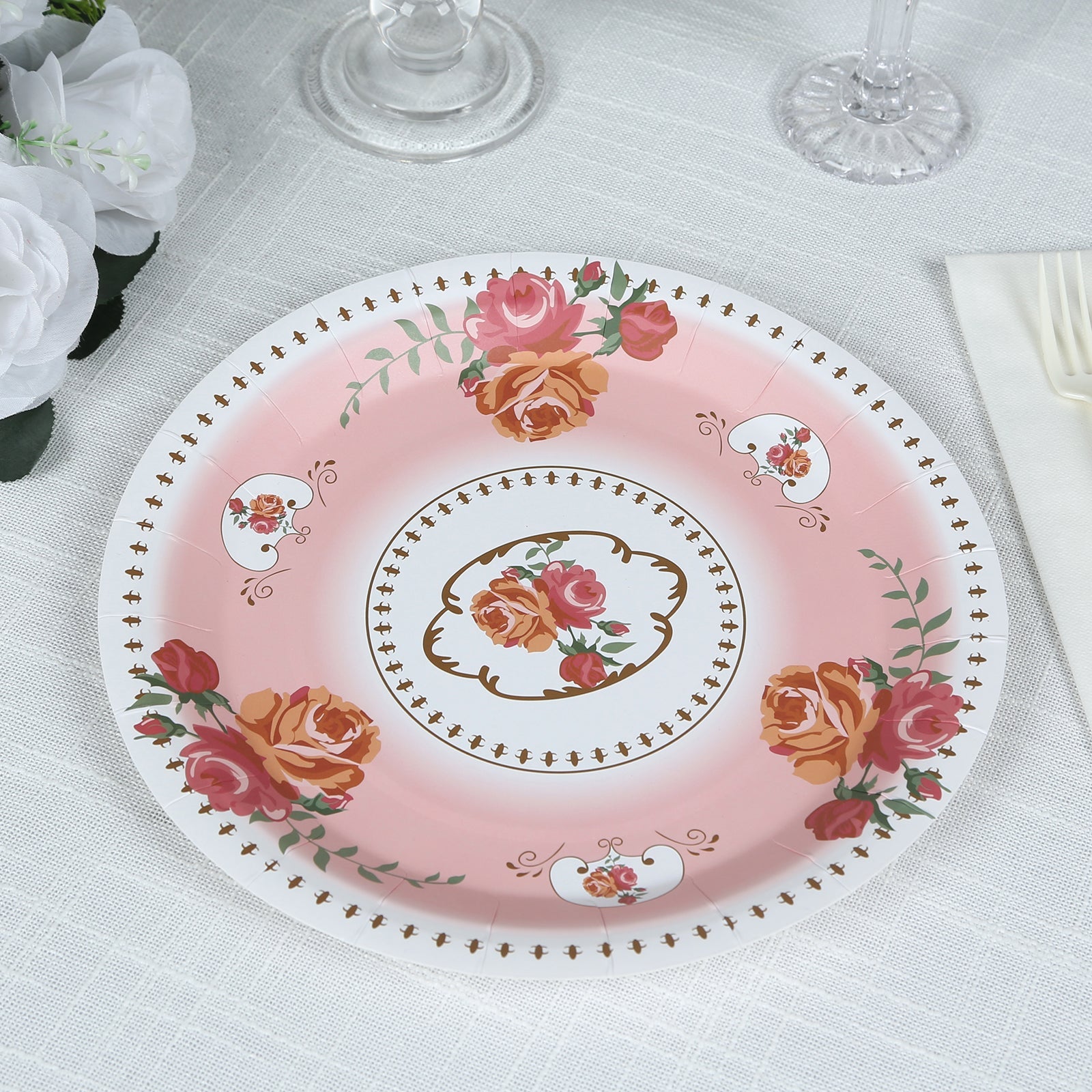 25-Piece Set of 9-Inch Disposable Dusty Rose Paper Dinner Plates with Vintage Rose Prints