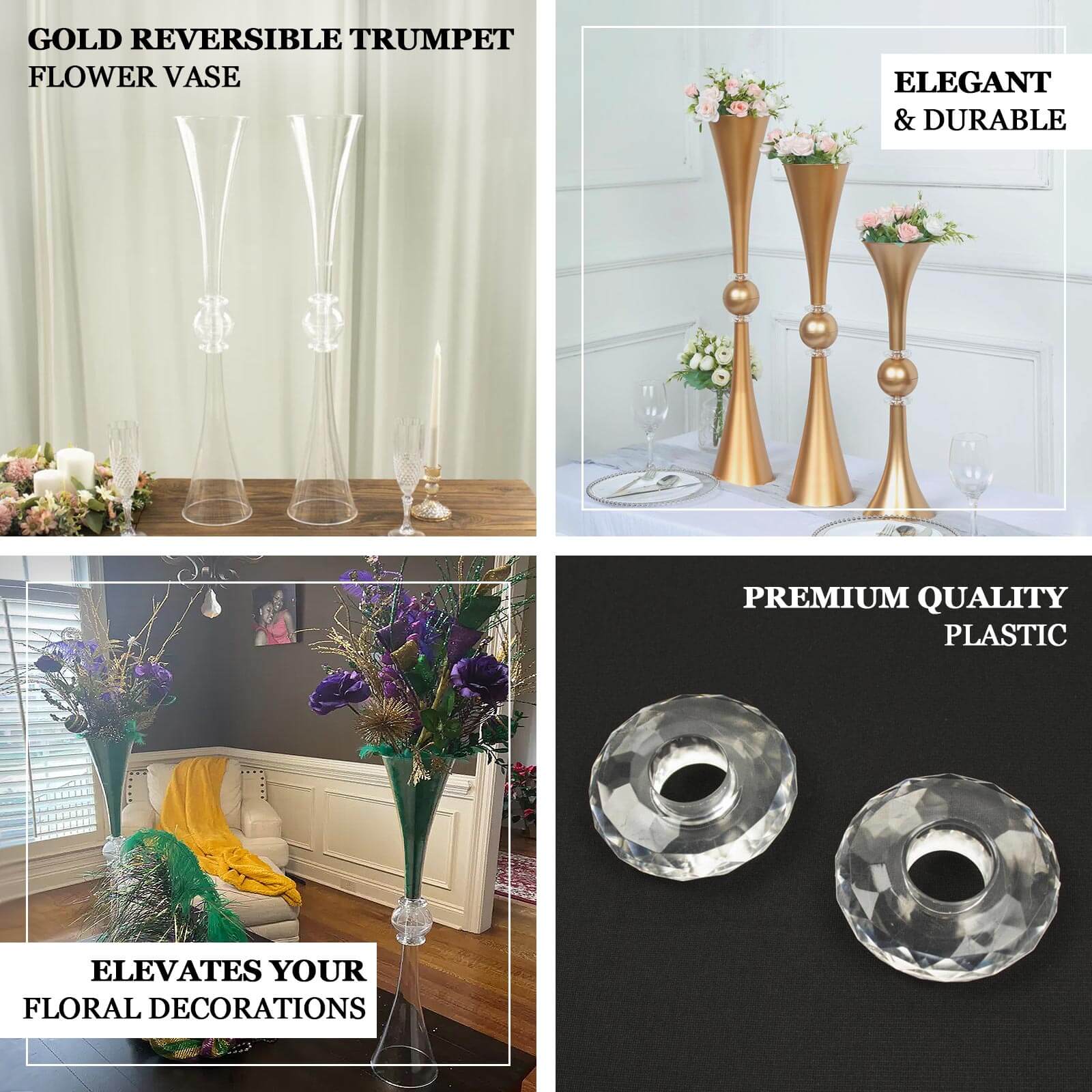 Hot Deal! 2-Pack Gold Reversible Plastic Trumpet Flower Vases with Crystal Embellishments, 21