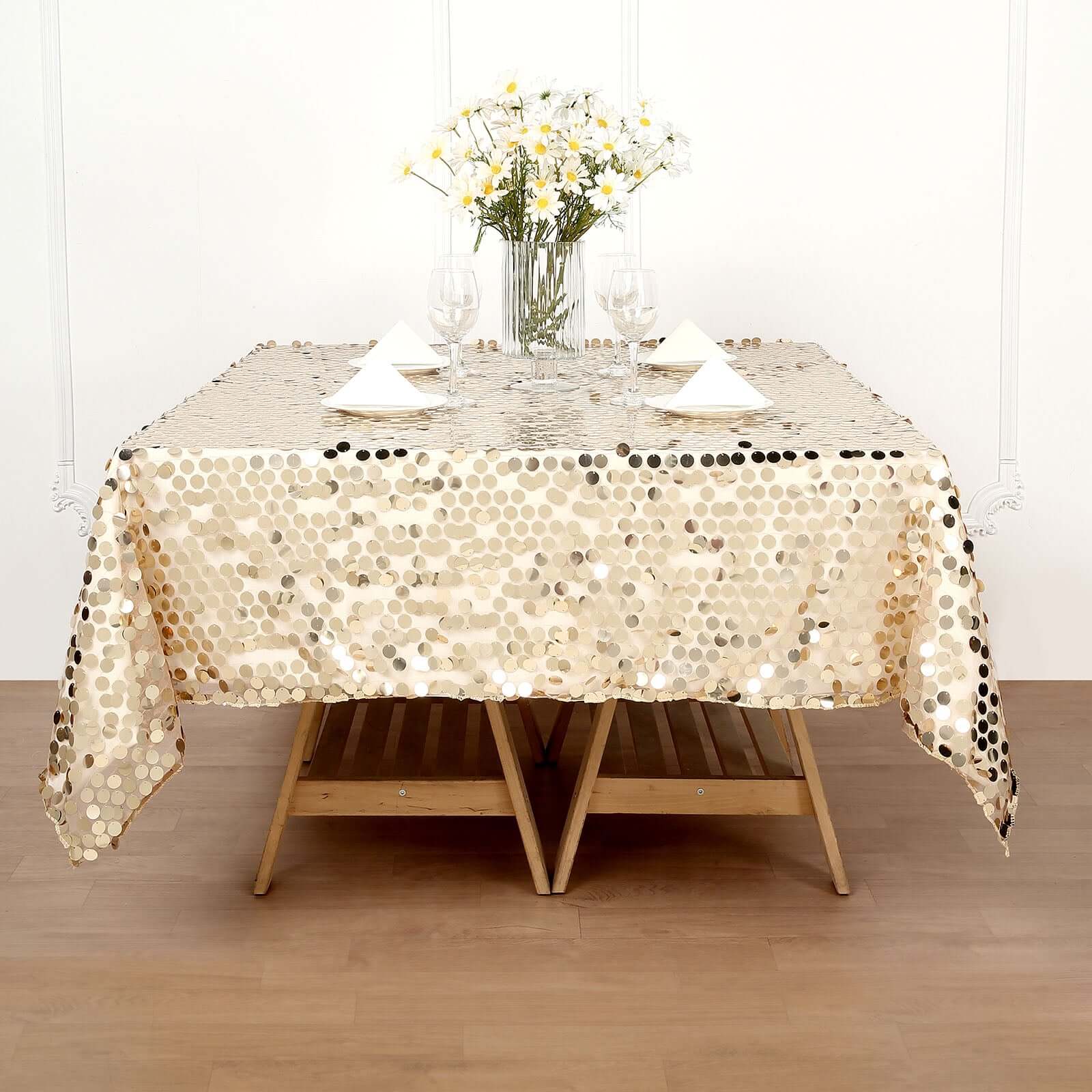 Champagne Sequin 72x72 Square Table Overlay for Big Payette Tables