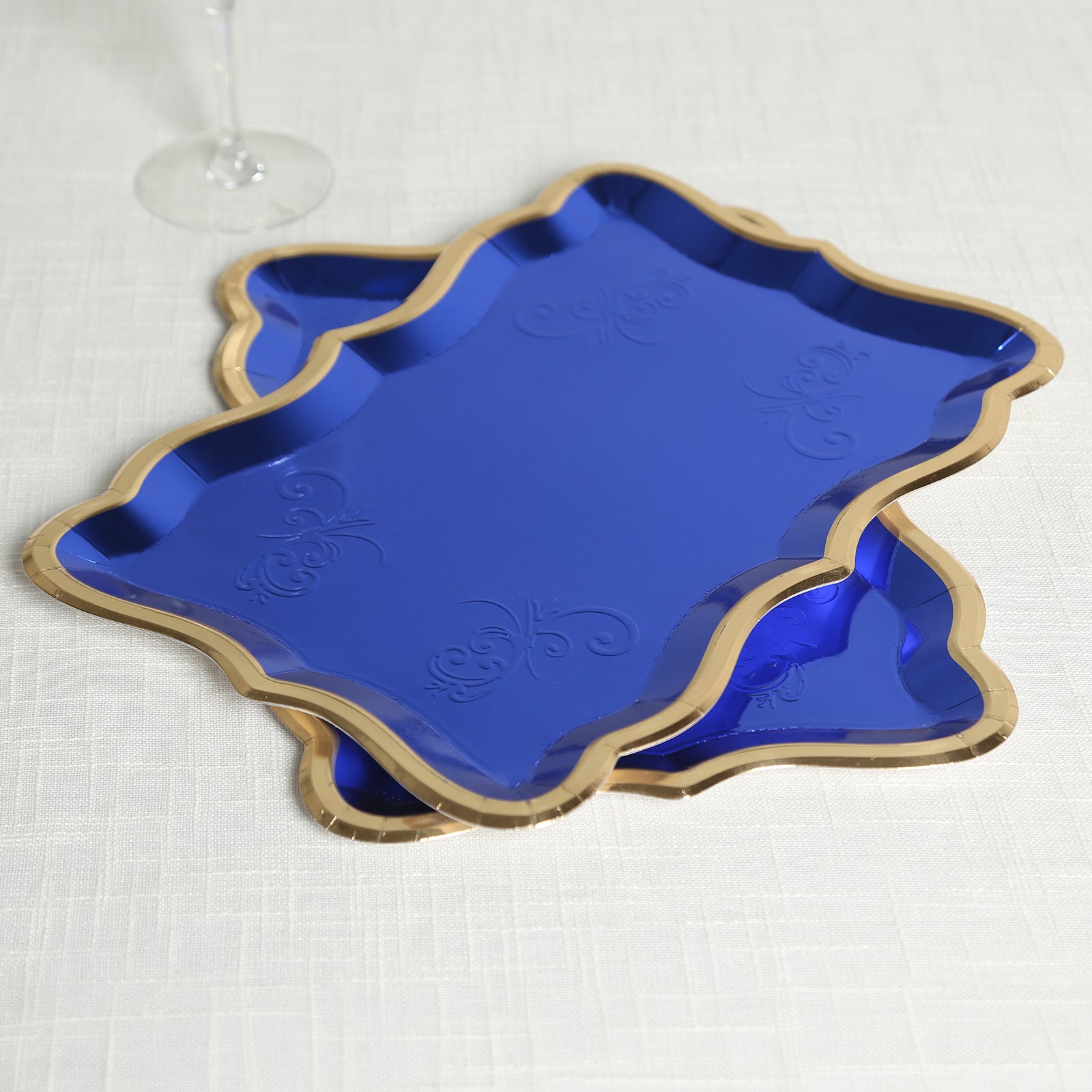 10-Pack Heavy Duty Disposable Royal Blue Paper Serving Trays with Gold Rim for Weddings & Parties
