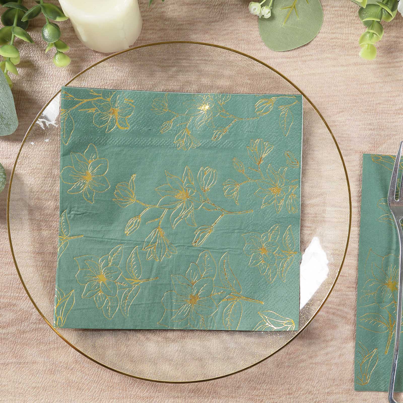 Get 50-Pack 2-Ply Absorbent Paper Cocktail Napkins with Gold Magnolia Prints in Dusty Sage Green