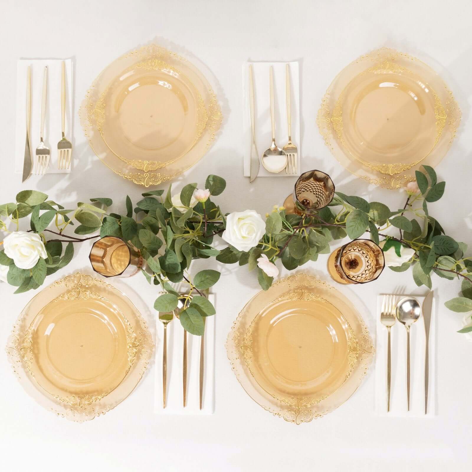 10-Pack Disposable Vintage Baroque Style 8-Inch Round Plastic Dessert Plates in Transparent Amber Gold with Gold Leaf Rim