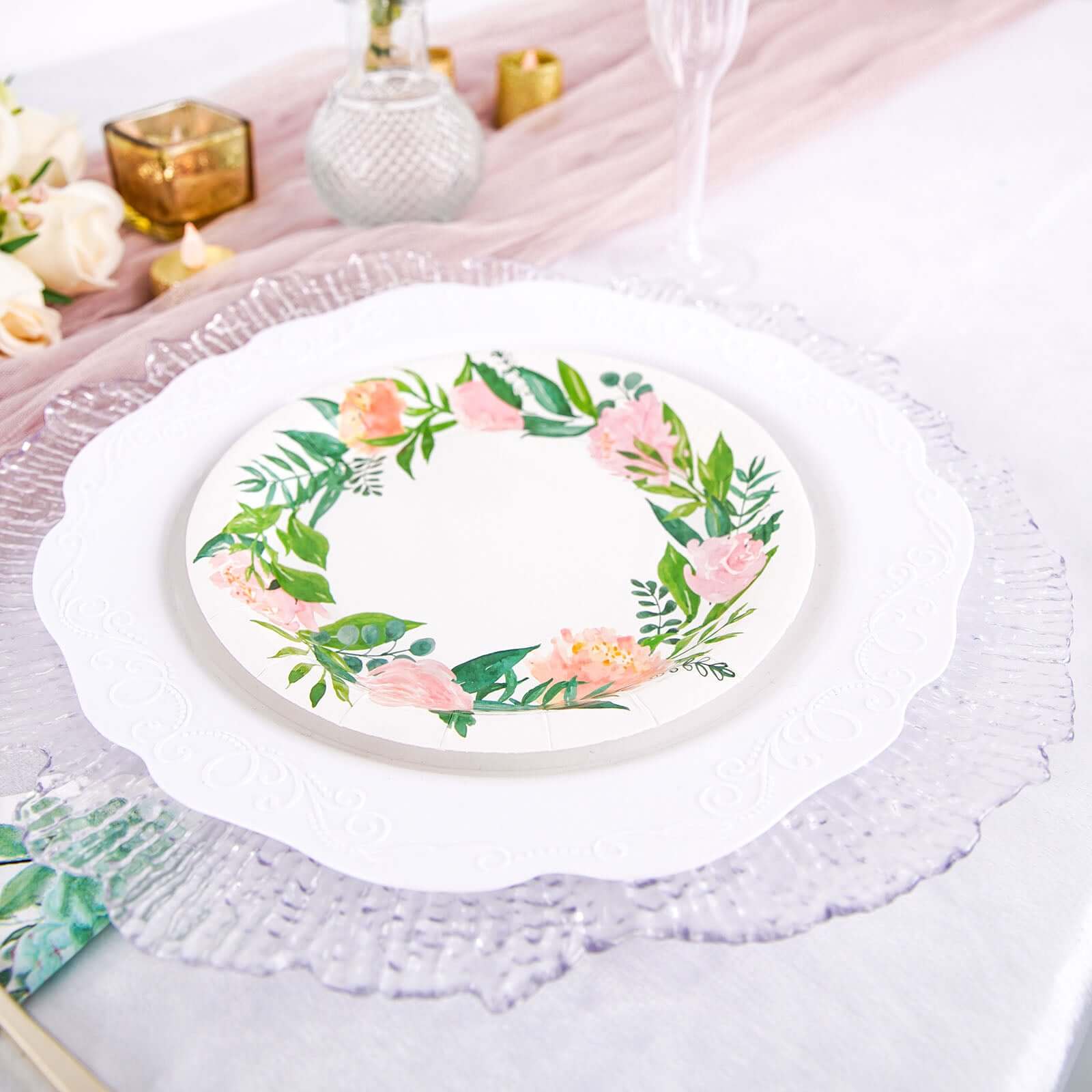 Hot Deal! 25-Pack 7" White Disposable Dessert Plates with Rose/Peony Wreath for Special Events