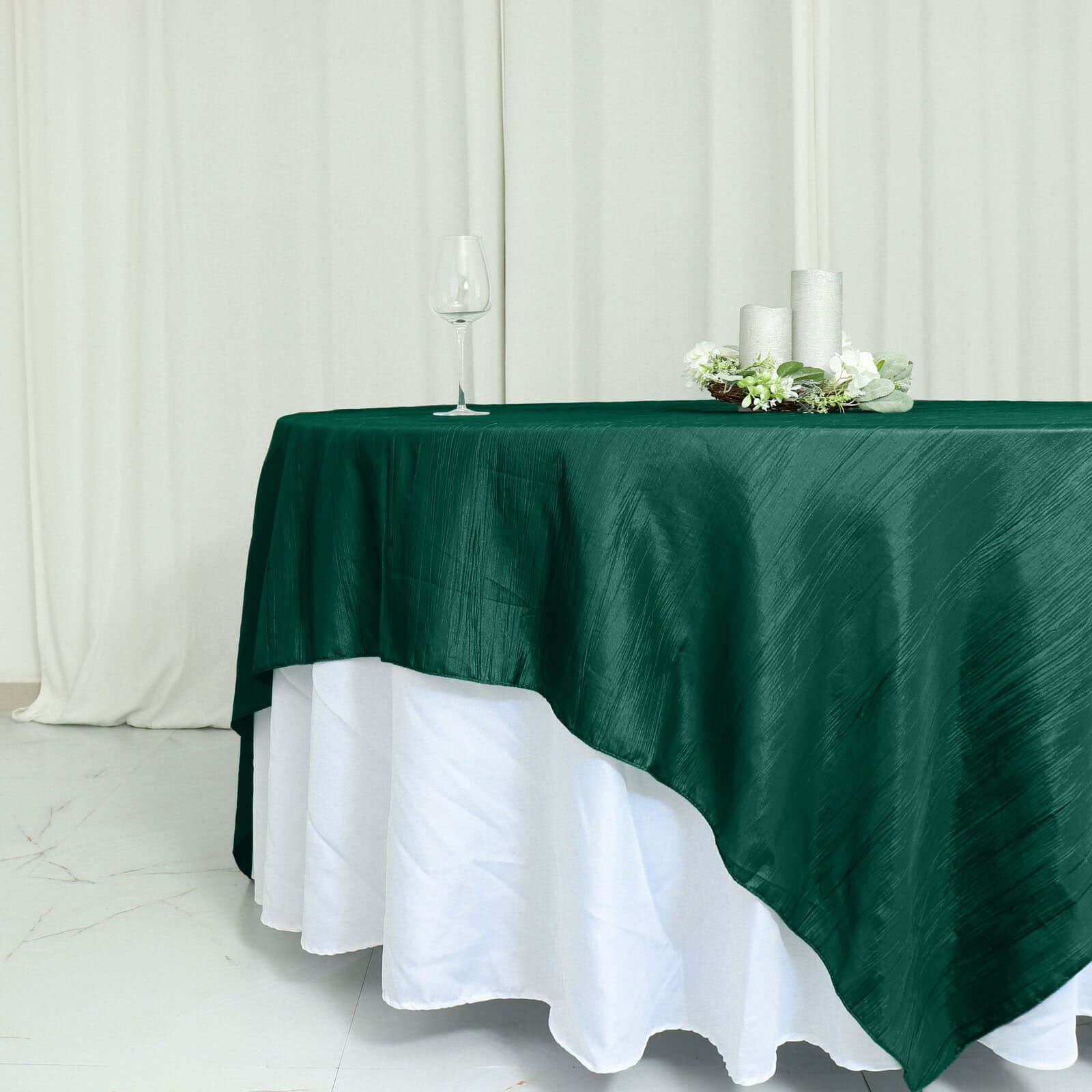 Hunter Emerald Green 90x90 Square Accordion Crinkle Taffeta Table Overlay
