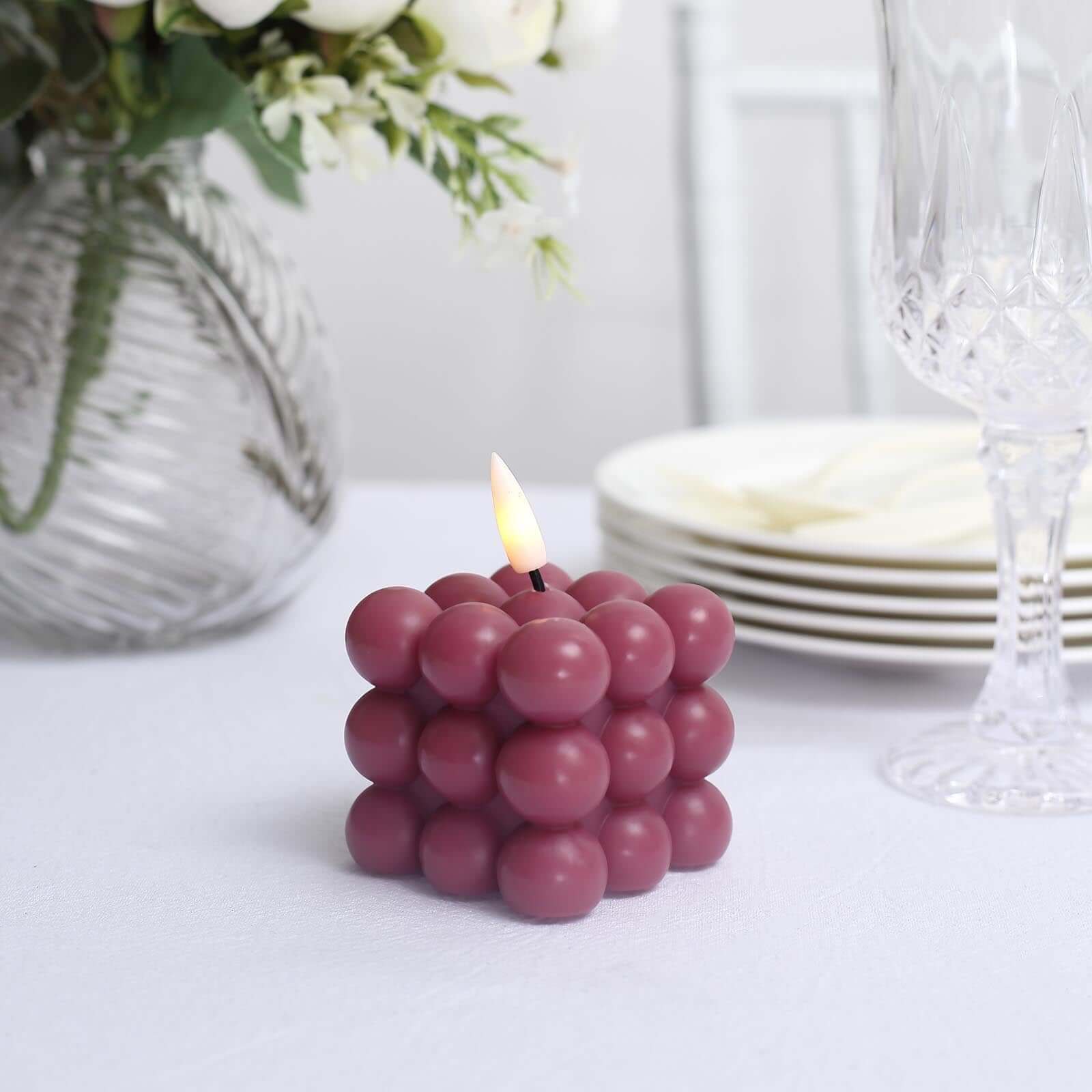 2-Pack Battery-Operated Burgundy LED Flameless Cube Candles with Flickering Warm White Light