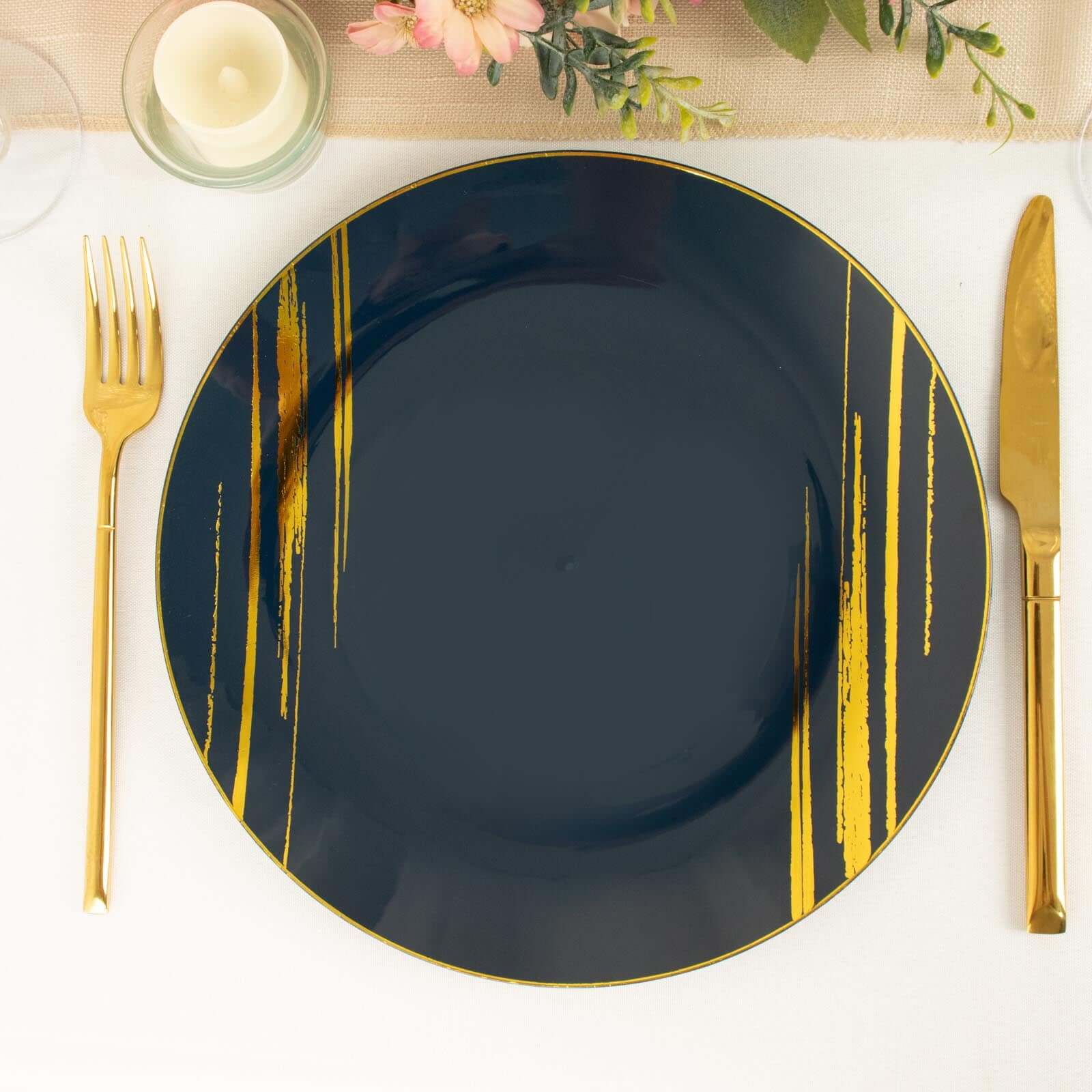 10-Piece Set of Disposable Navy Blue Plastic Round Dinner Plates with Gold Brush Print