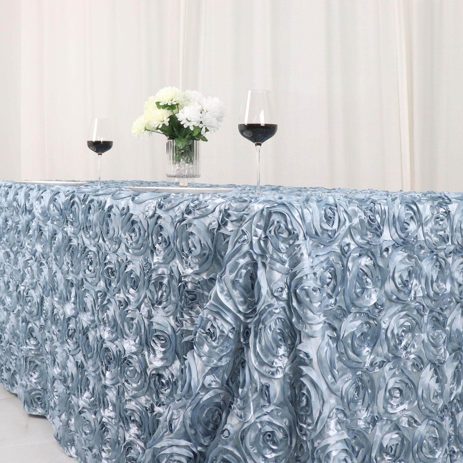Dusty Blue High - Quality Satin 90x132 Rectangle Tablecloth with 3D Rosette Design