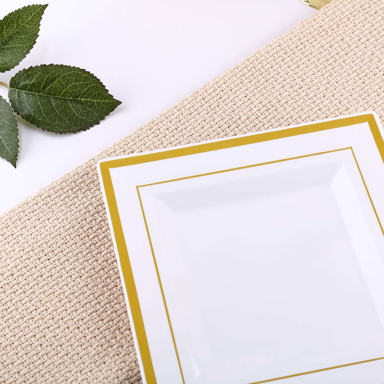 10-Pack Disposable White Square Salad & Dessert Plates with Gold Trim, 7" Size
