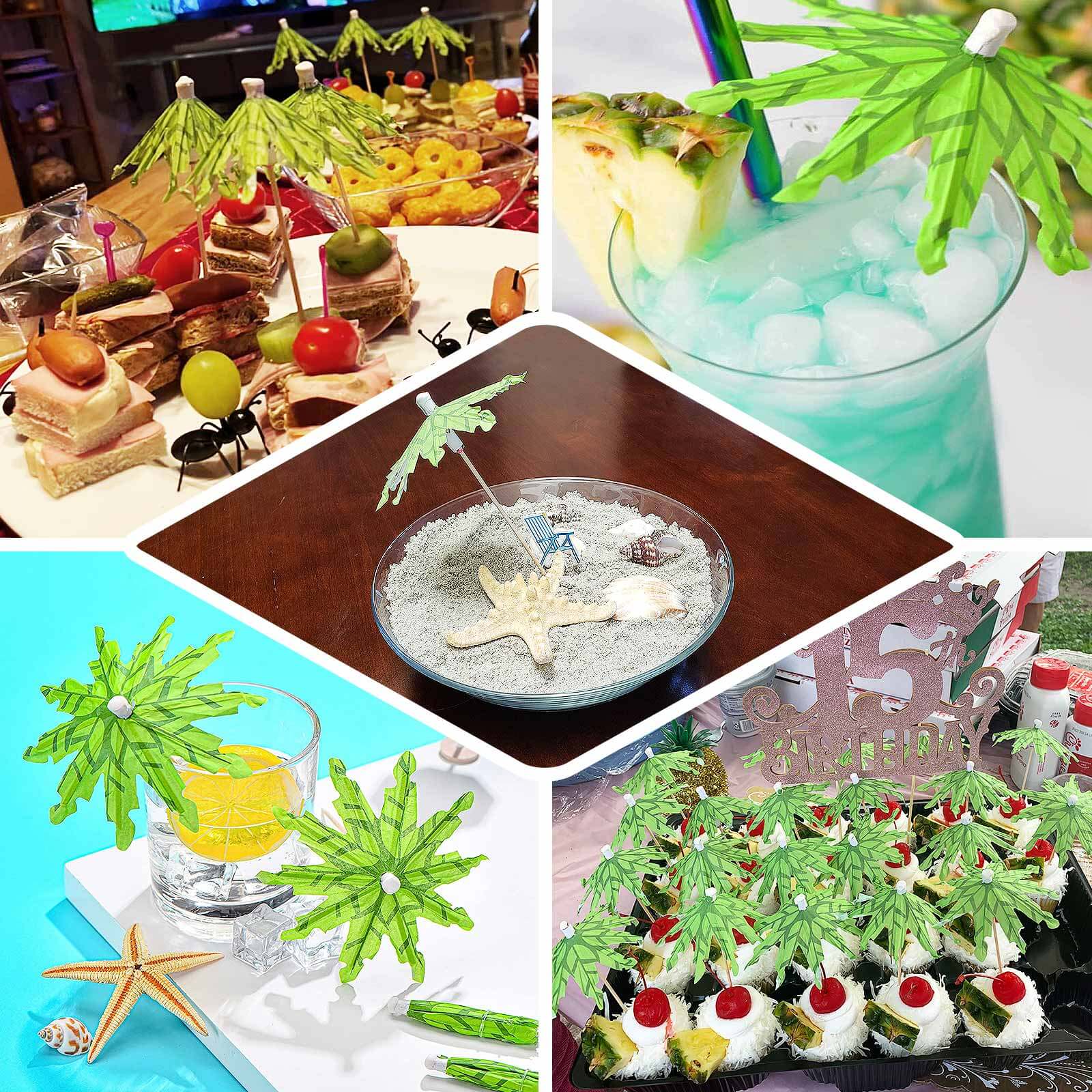 Eco-Friendly 50-Pack Green Bamboo Cocktail Picks with Tropical Leaf Parasol Design
