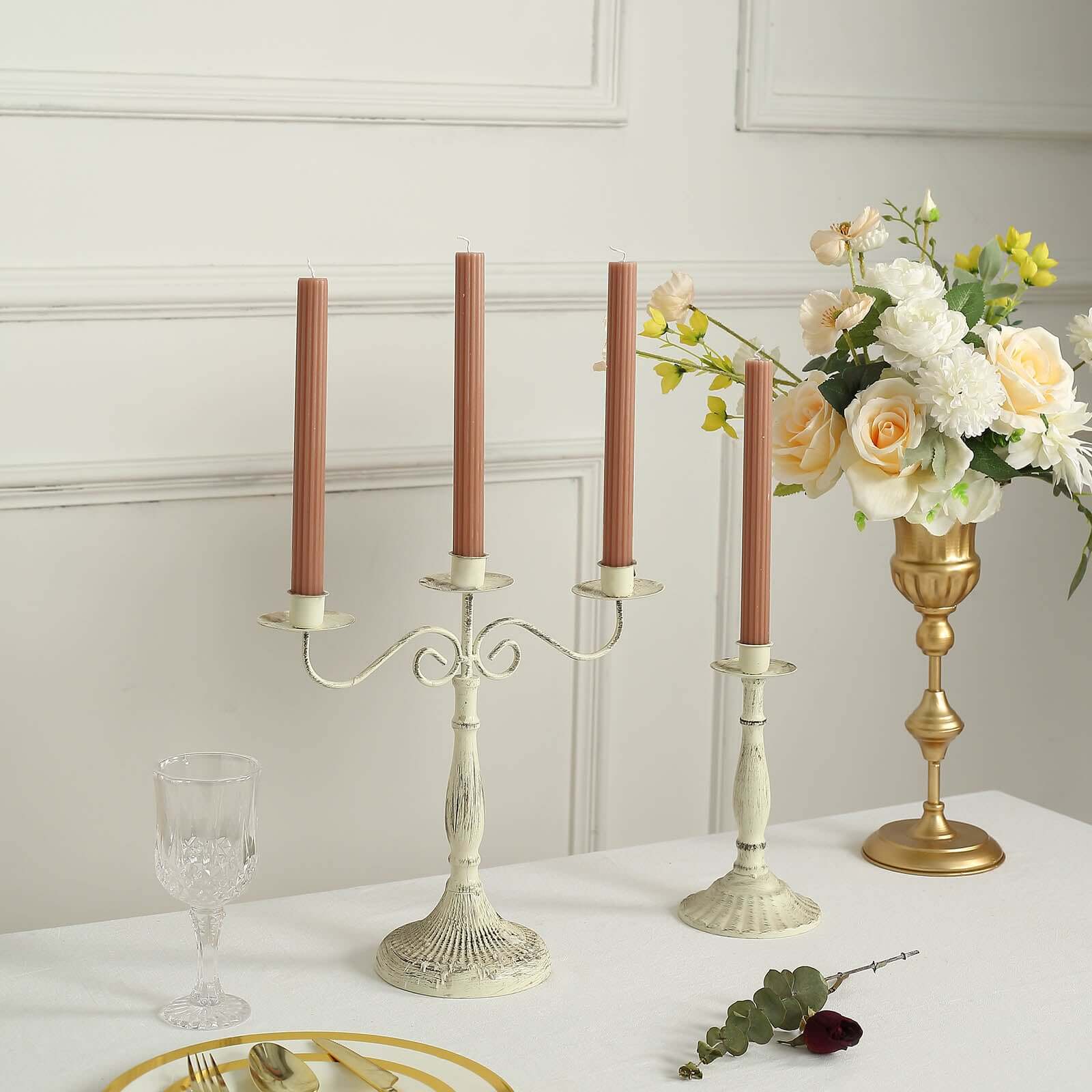 Premium Beige 5-Pack Unscented Ribbed Taper Dinner Candles, 9 Inches