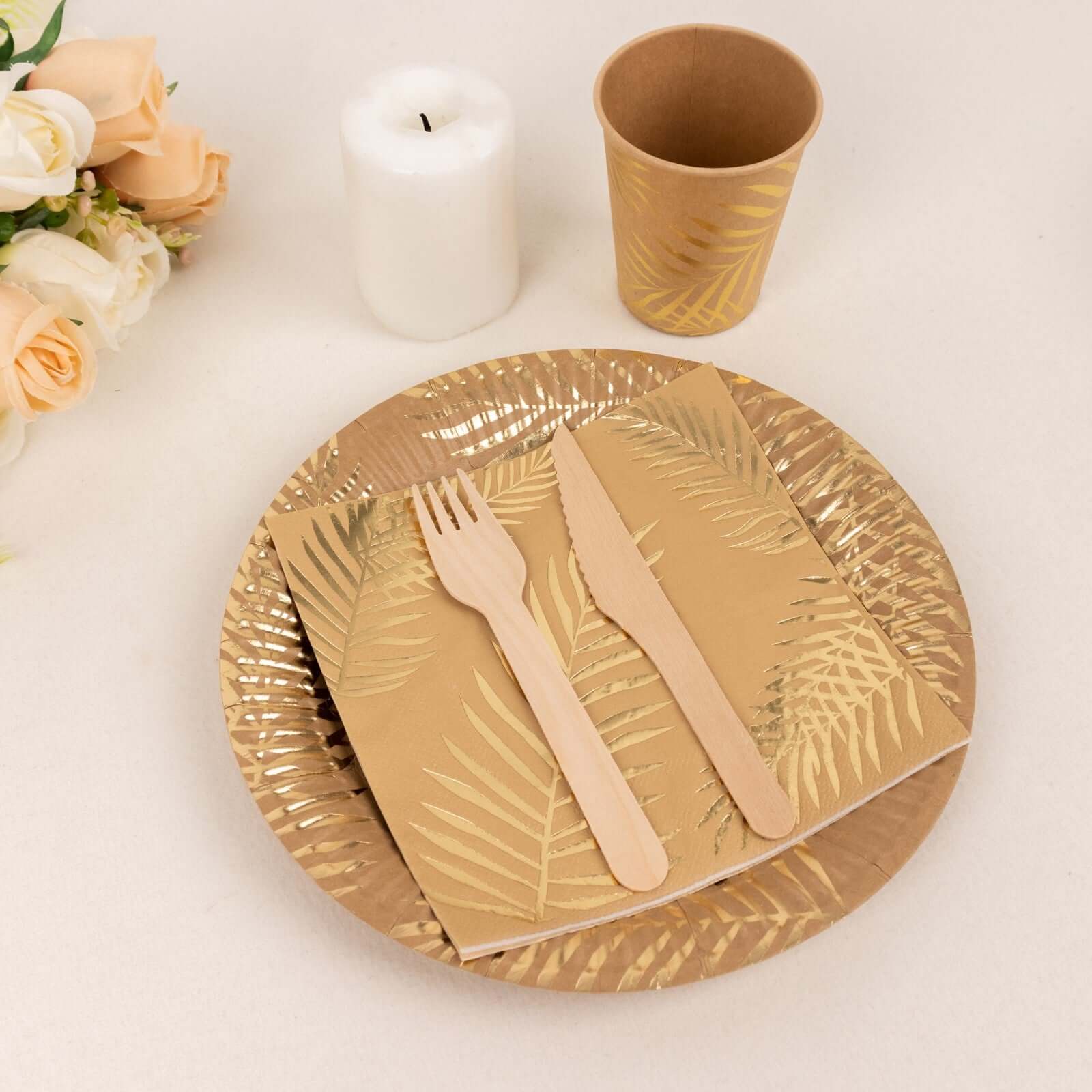 Hot Sale! 72-Piece Disposable Paper Dinnerware Set with Gold Foil Palm Leaves Print