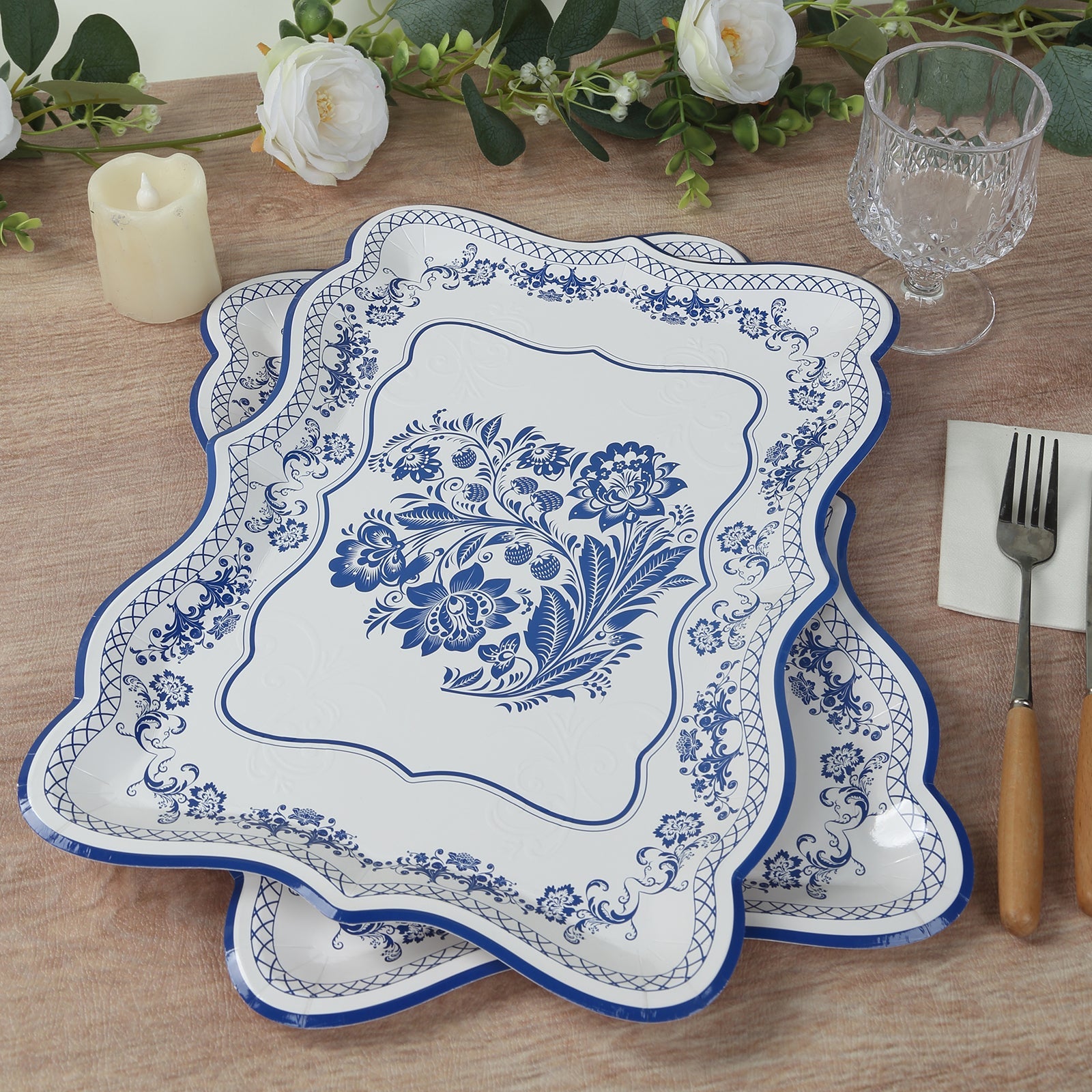 10-Pack Heavy Duty Disposable 400GSM Cardboard Serving Trays with White & Royal Blue Damask Floral Pattern for Weddings & Parties
