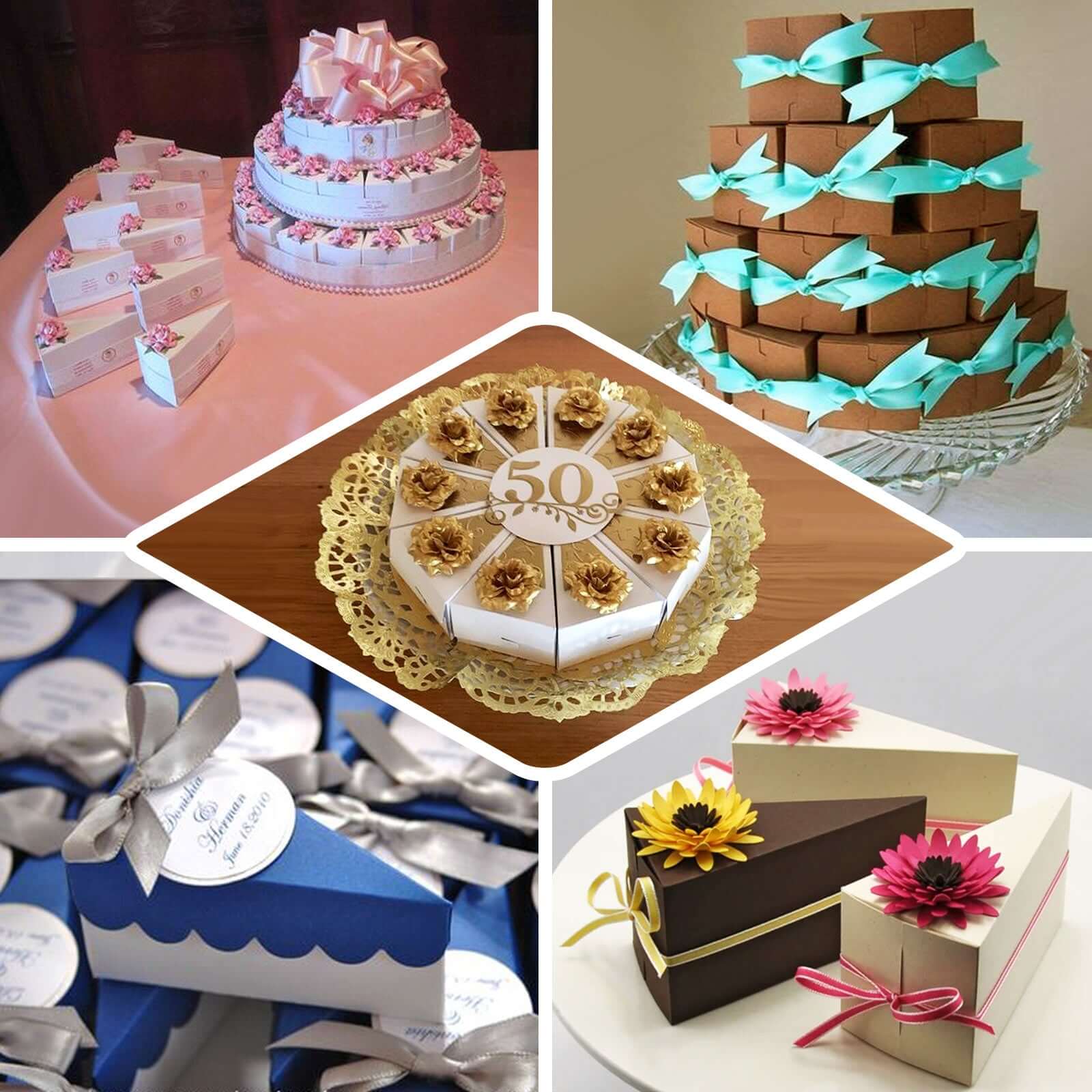 10-Pack Blush Cardstock Triangle Cake Slice Boxes with Scalloped Tops for Dessert Takeaways